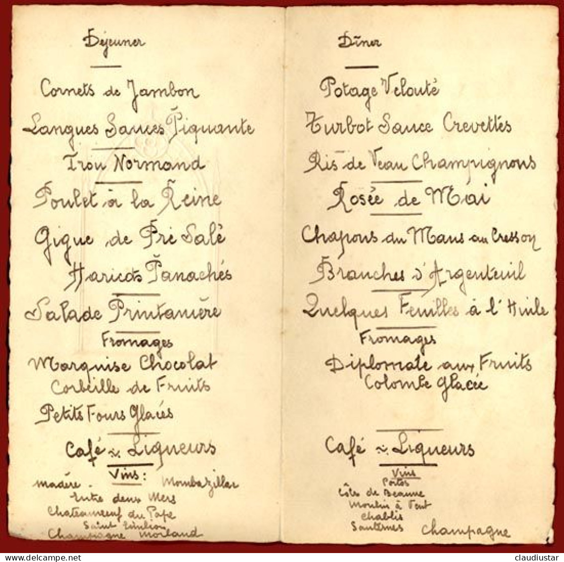 ** MENU  1ere  COMMUNION  1937 ** - Menú