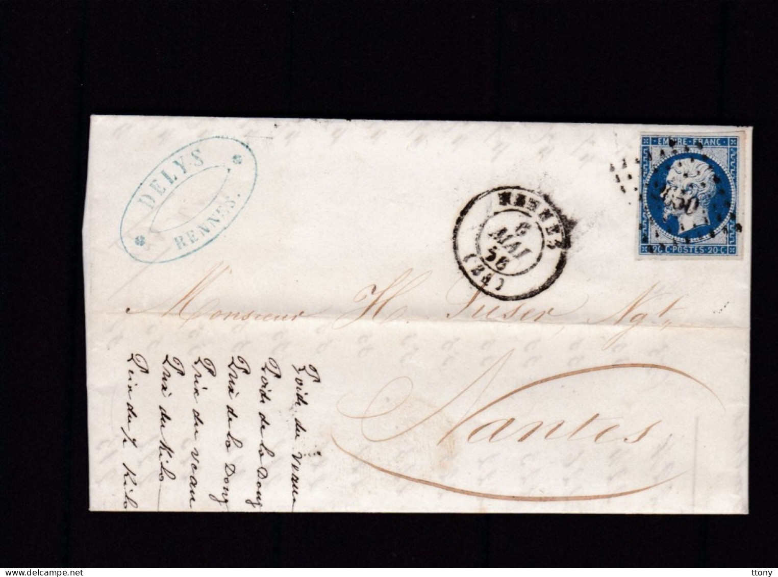 Un Timbre N° 14 Napoléon III  Bleu  Foncé  Sur   Lettre   Destination  Nantes  Année 1856 - 1853-1860 Napoléon III.