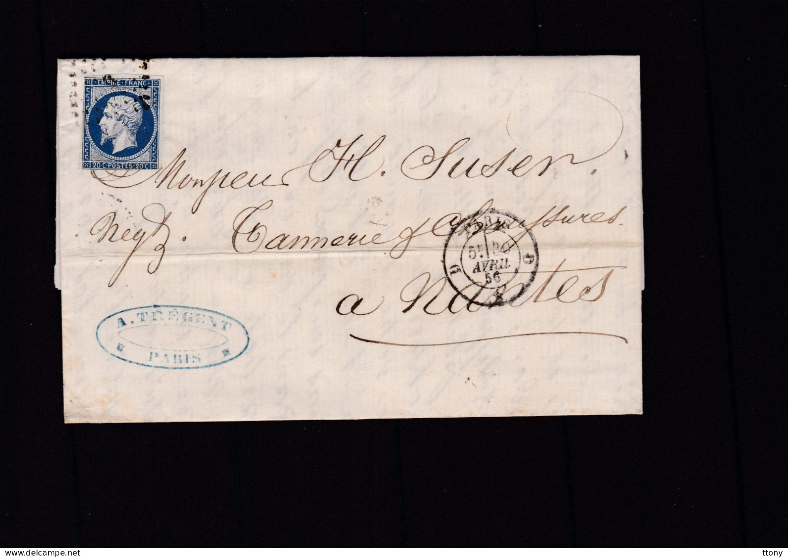 Un Timbre N° 14 Napoléon III  Bleu  Foncé  Sur   Lettre   Destination  Nantes  Année 1856 - 1853-1860 Napoléon III.