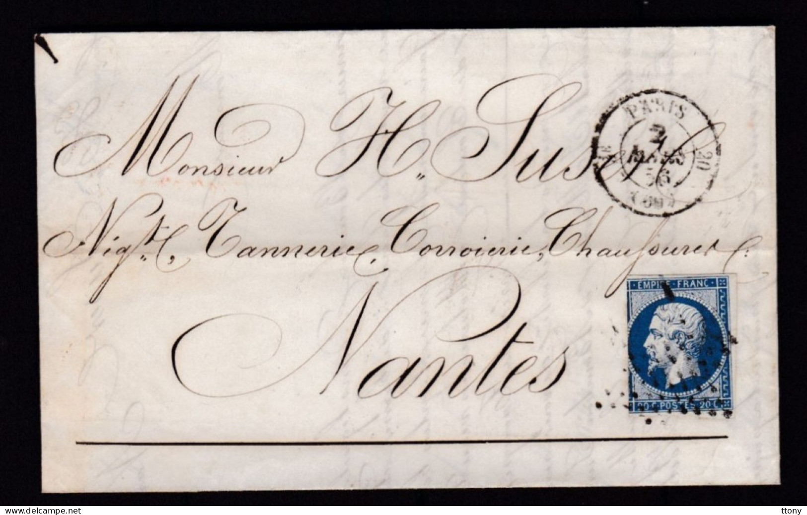 Un Timbre N° 14 Napoléon III  Bleu  Foncé  Sur   Lettre   Destination  Nantes  Année 1856 - 1853-1860 Napoléon III.