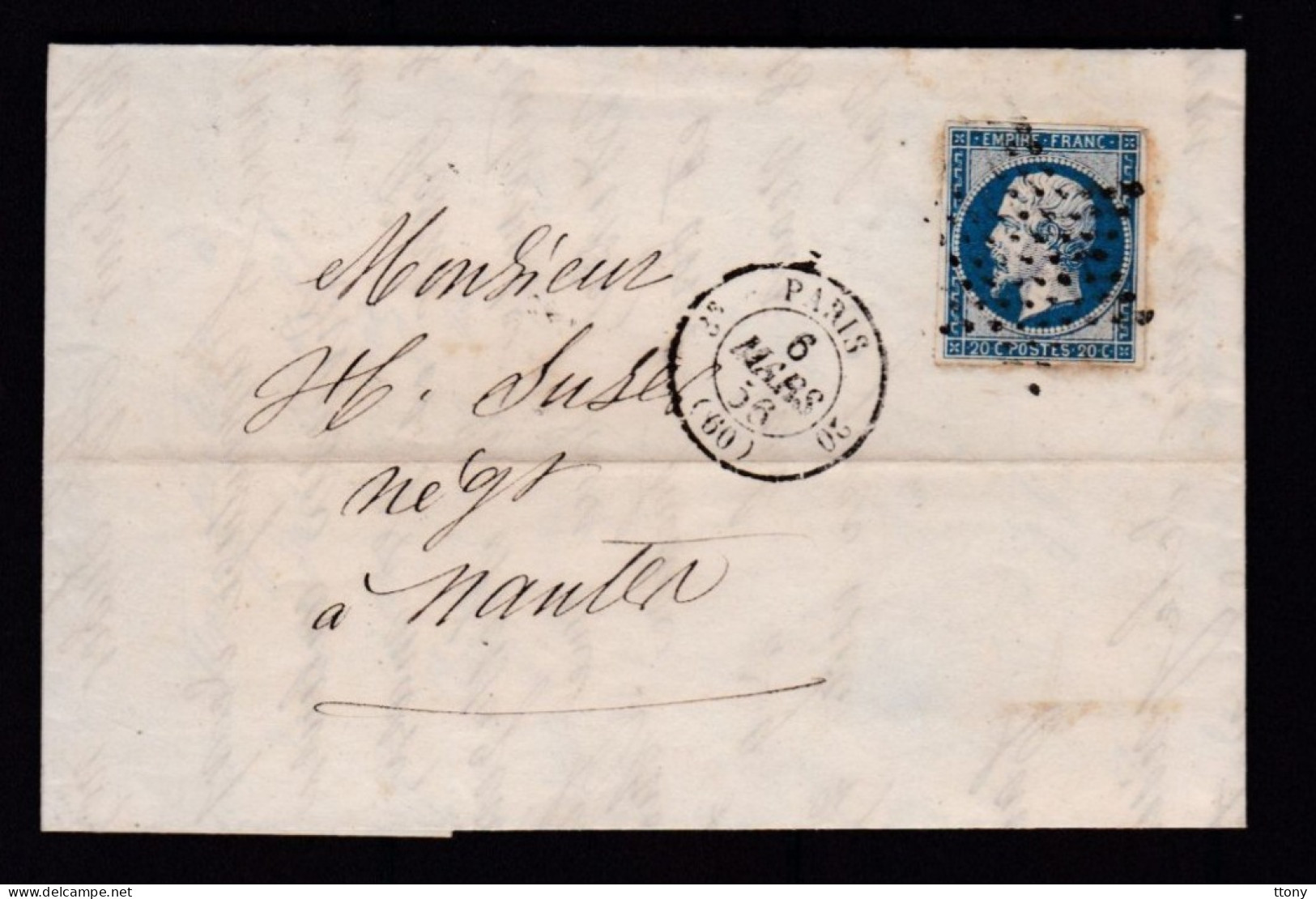 Un Timbre N° 14 Napoléon III  Bleu  Foncé  Sur   Lettre   Destination  Nantes  Année 1856 - 1853-1860 Napoleon III