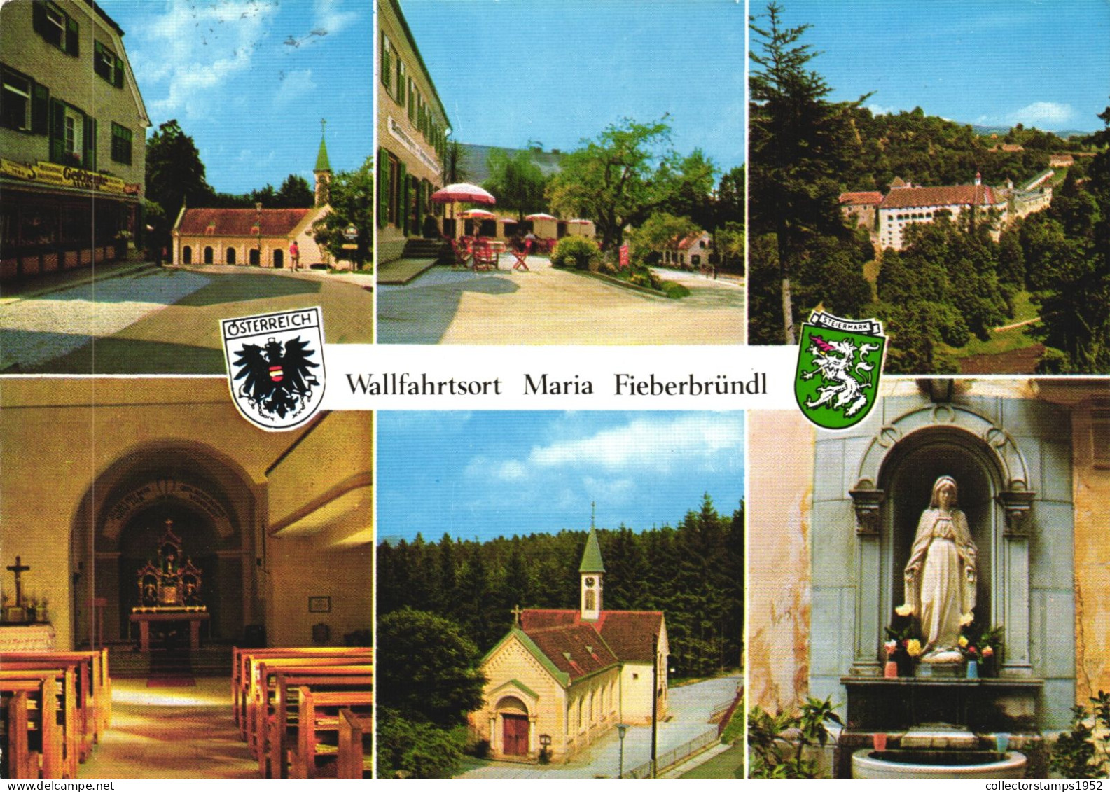 FIEBERBRUNN, TIROL, MULTIPLE VIEWS, ARCHITECTURE, SPA, UMBRELLA, EMBLEM, CHURCH, STATUE, AUSTRIA, POSTCARD - Fieberbrunn