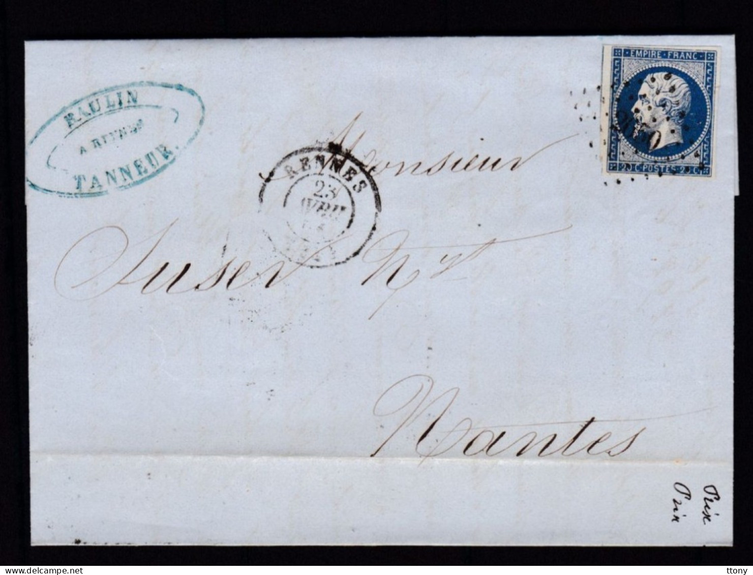 Un Timbre N° 14 Napoléon III  Bleu  Foncé  Sur   Lettre  Cachet Rennes   Destination  Nantes  Année 1856 - 1853-1860 Napoleon III