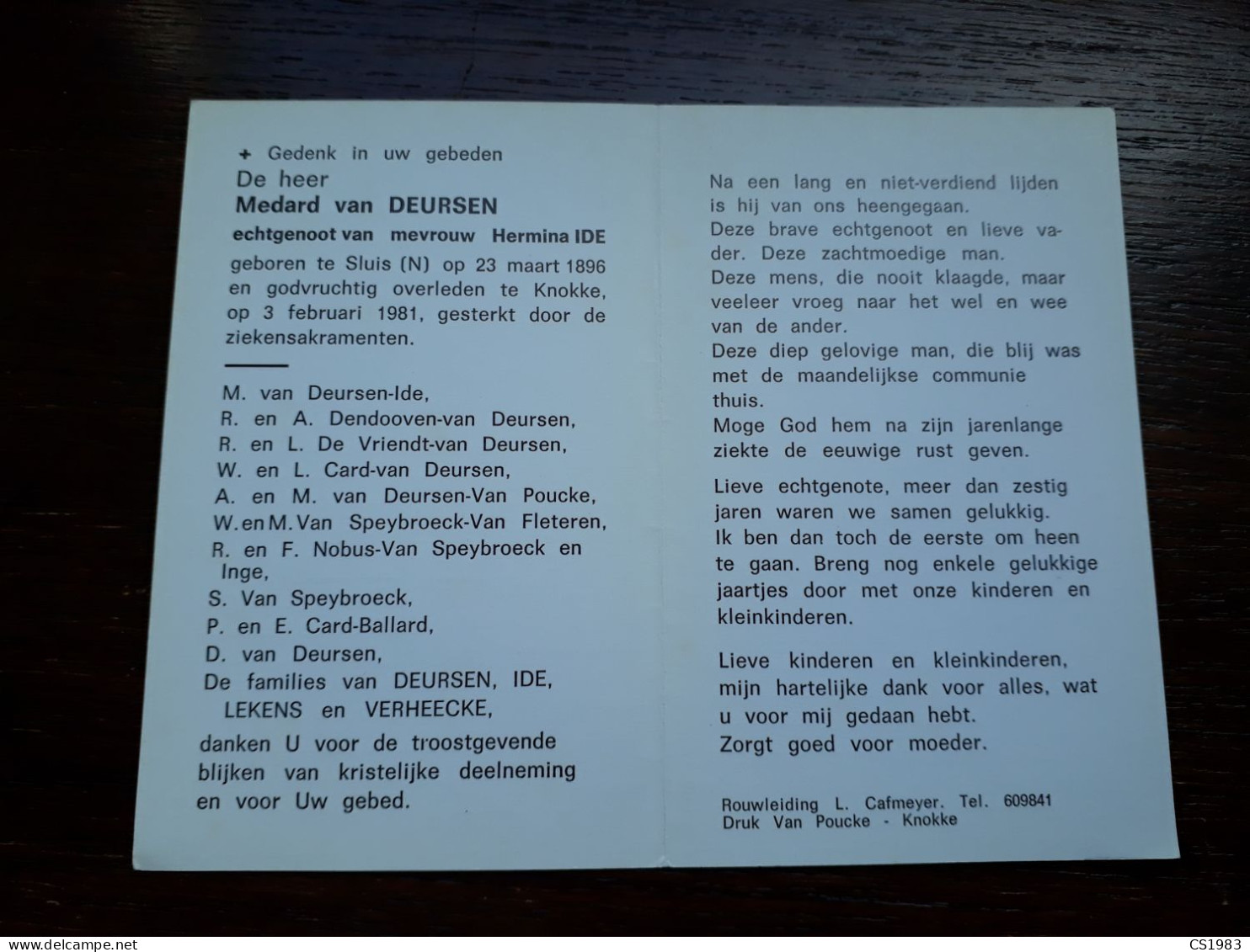Medard Van Deursen ° Sluis (NL) 1896 + Knokke 1981 X Hermina Ide (Fam: Lekens - Verheecke) - Décès