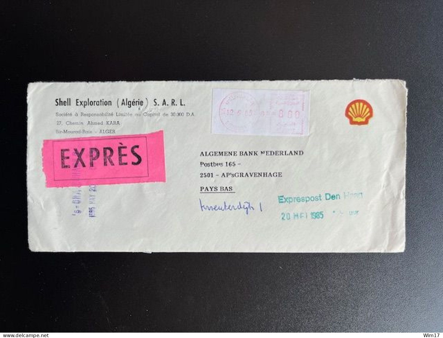 ALGERIA ALGERIE 1985 EXPRESS LETTER BIR MOURAD RAIS TO 'S GRAVENHAGE 12-05-1985 LETTRE EXPRES SHELL - Argelia (1962-...)