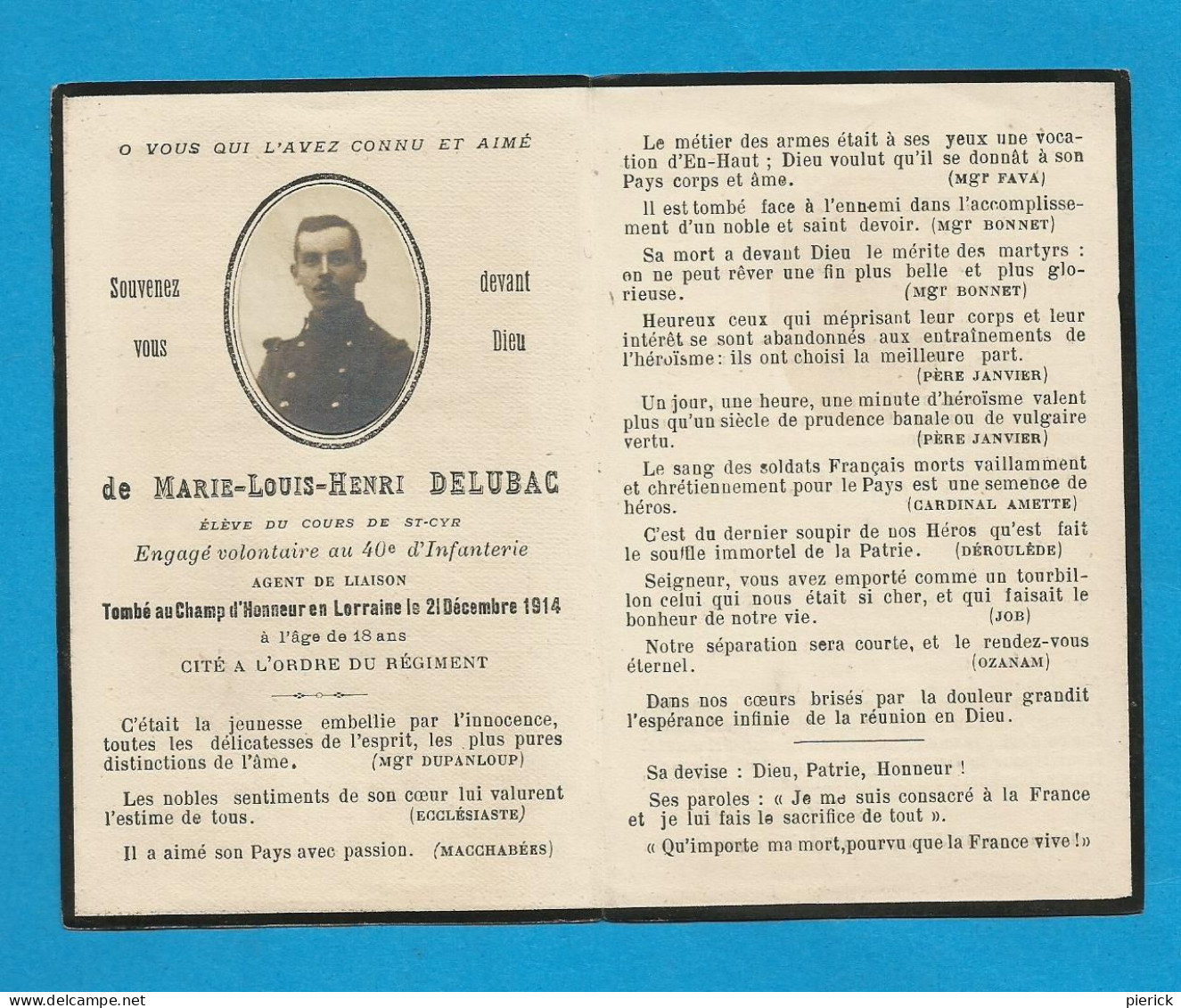 Genealogie FAIRE PART DECES  POILU  ELEVE COURS DE SAINT CYR ENGAGE VOLONTAIRE 40 EME RI 21 DECEMBRE 1914 LORRAINE - Documentos