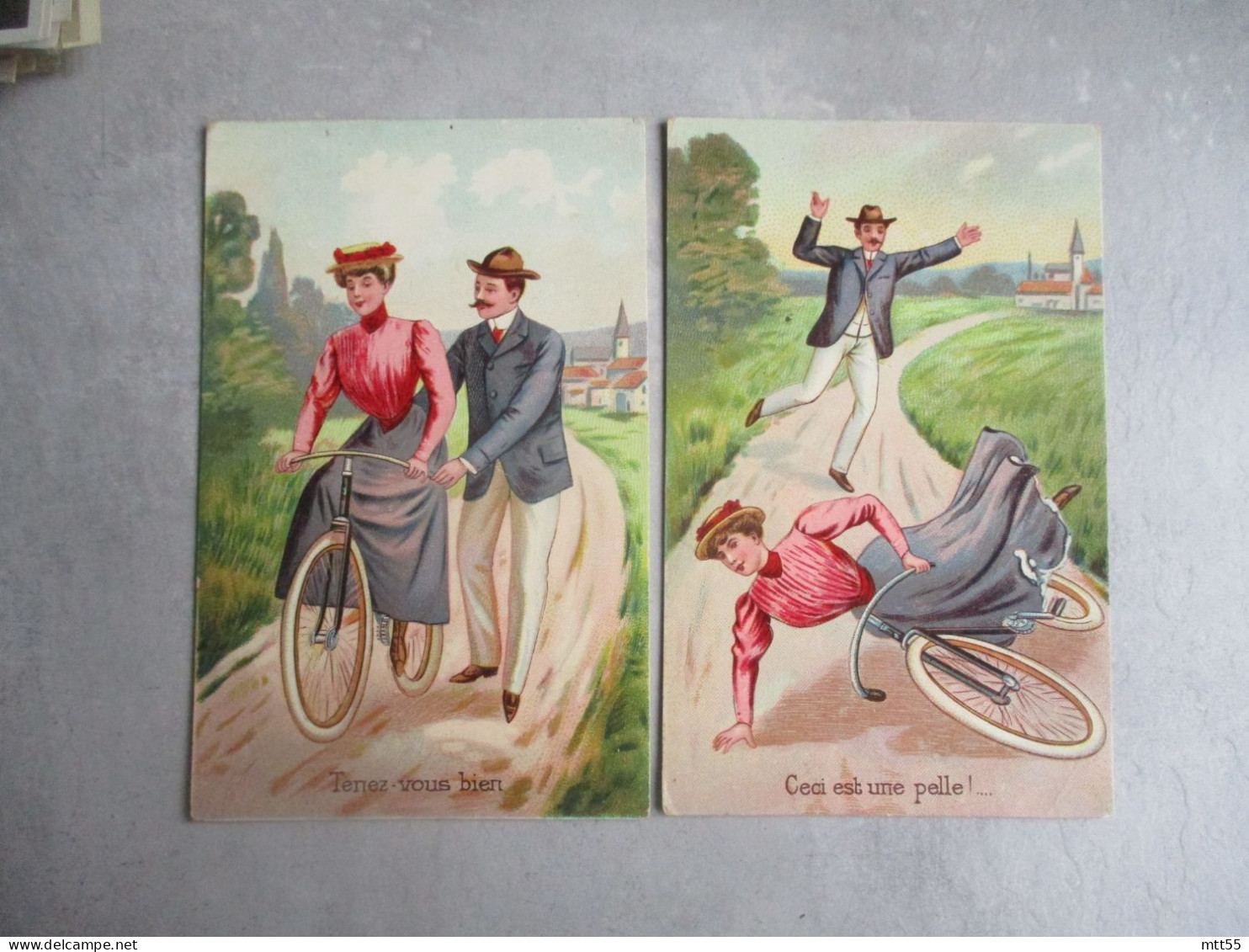 LOT 2 CARTE GLACEE COUPLE LECON DE VELO CYCLE CHUTE - Autres & Non Classés