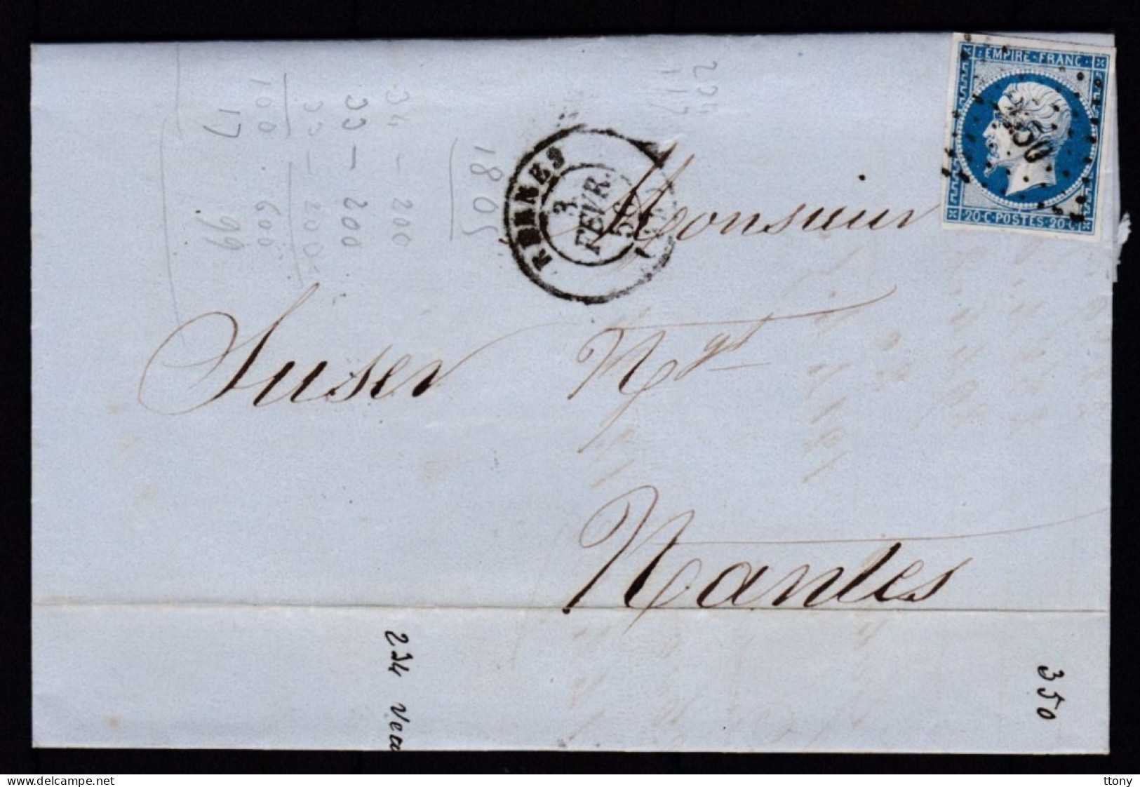 Un Timbre N° 14 Napoléon III  Bleu  Foncé  Sur   Lettre   Destination  Nantes  Année 1856 - 1853-1860 Napoleon III