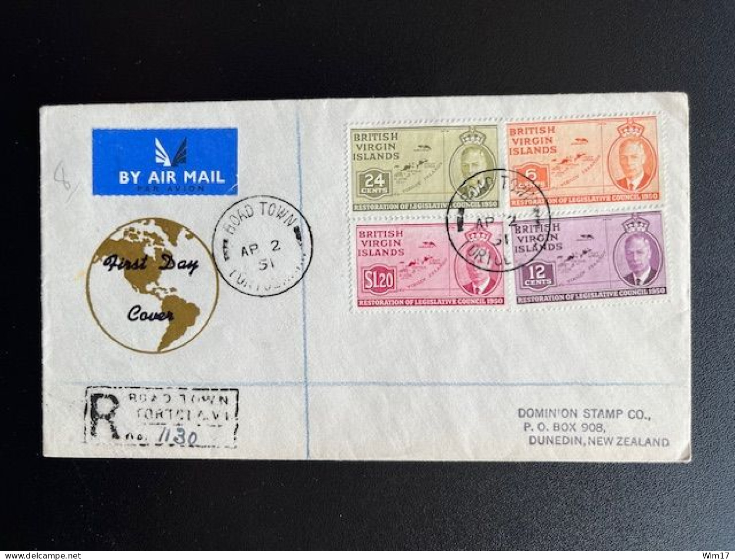 BRITISH VIRGIN ISLANDS 1951 REGISTERED FDC ROAD TOWN TO DUNEDIN 04-02-1951 - Iles Vièrges Britanniques