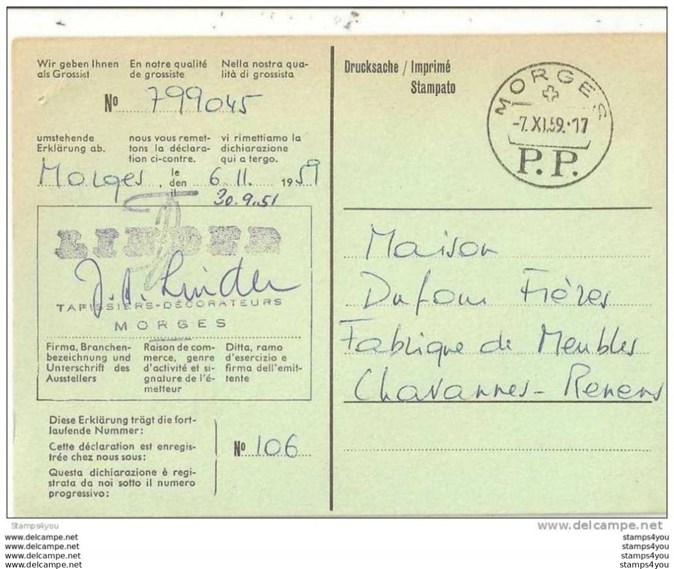 227 - 3 - Carte Commerciale Avec Superbe Cachet à Date PP De Morges 1959 - Cartas & Documentos