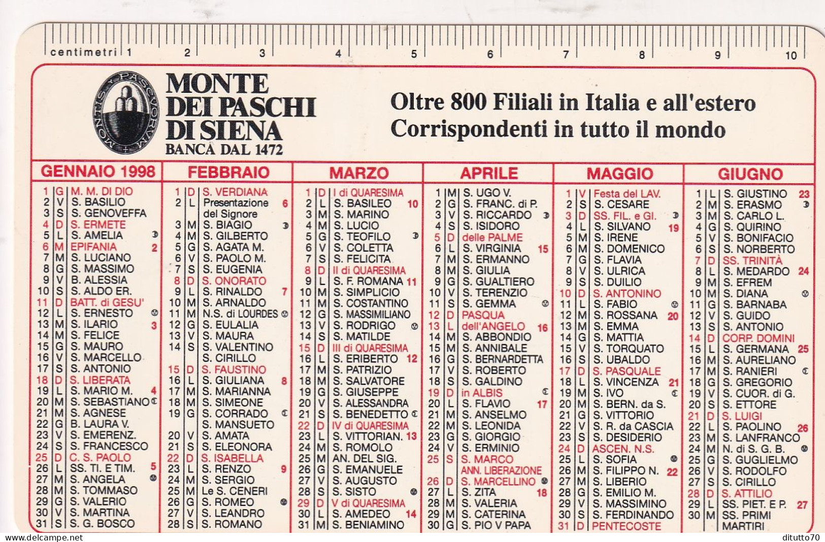 Calendarietto - Monte Dei Paschi Di Siena - Anno 1998 - Petit Format : 1991-00