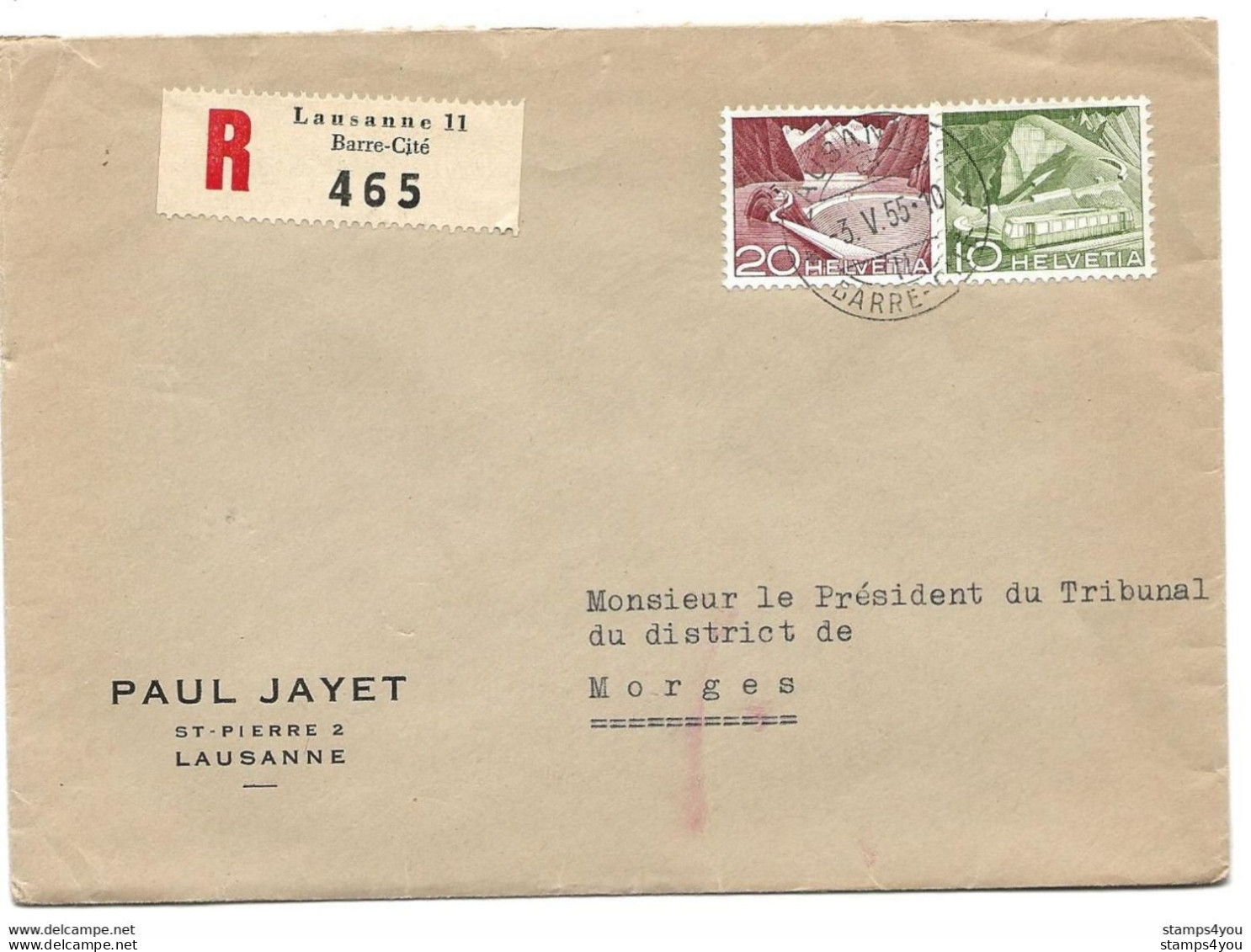115 - 22 - Enveloppe Recommandée Envoyée De Lausanne  Gare-Cité 1955 - Cartas & Documentos