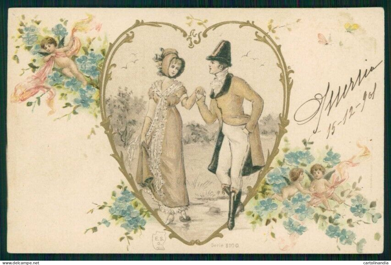 Art Nouveau Romantic Couple Heart Relief Serie 8100 Postcard TC4592 - Other & Unclassified