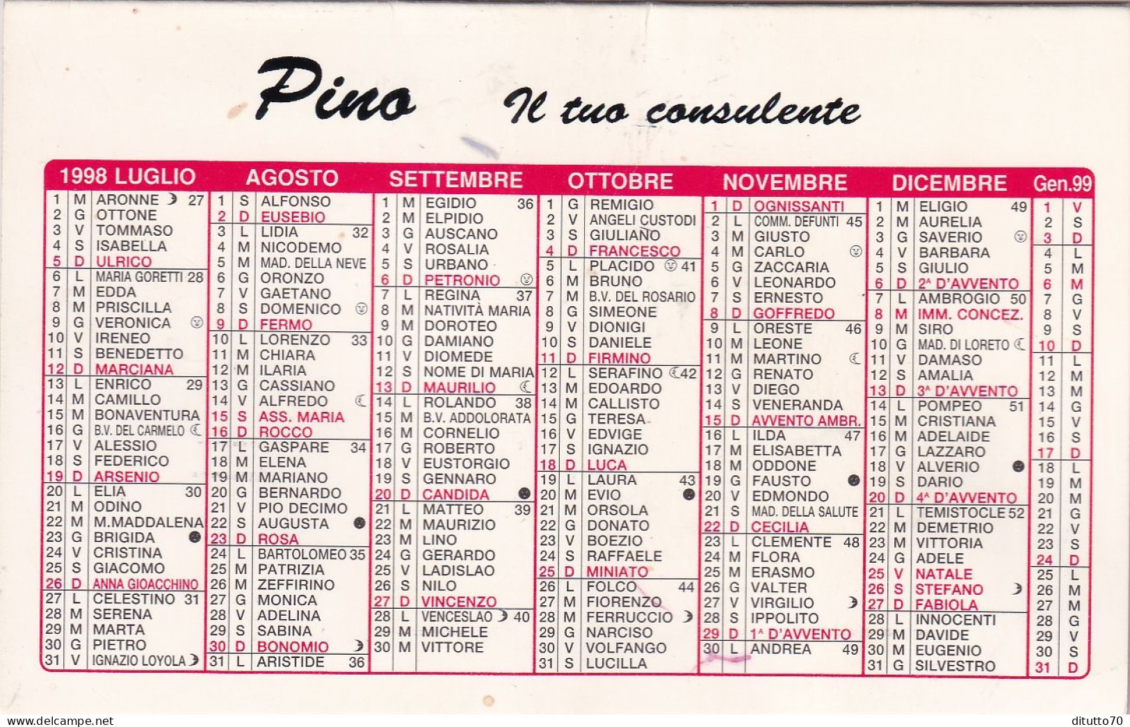 Calendarietto - Pino Il Tuo Consulente - Anno 1998 - Petit Format : 1991-00