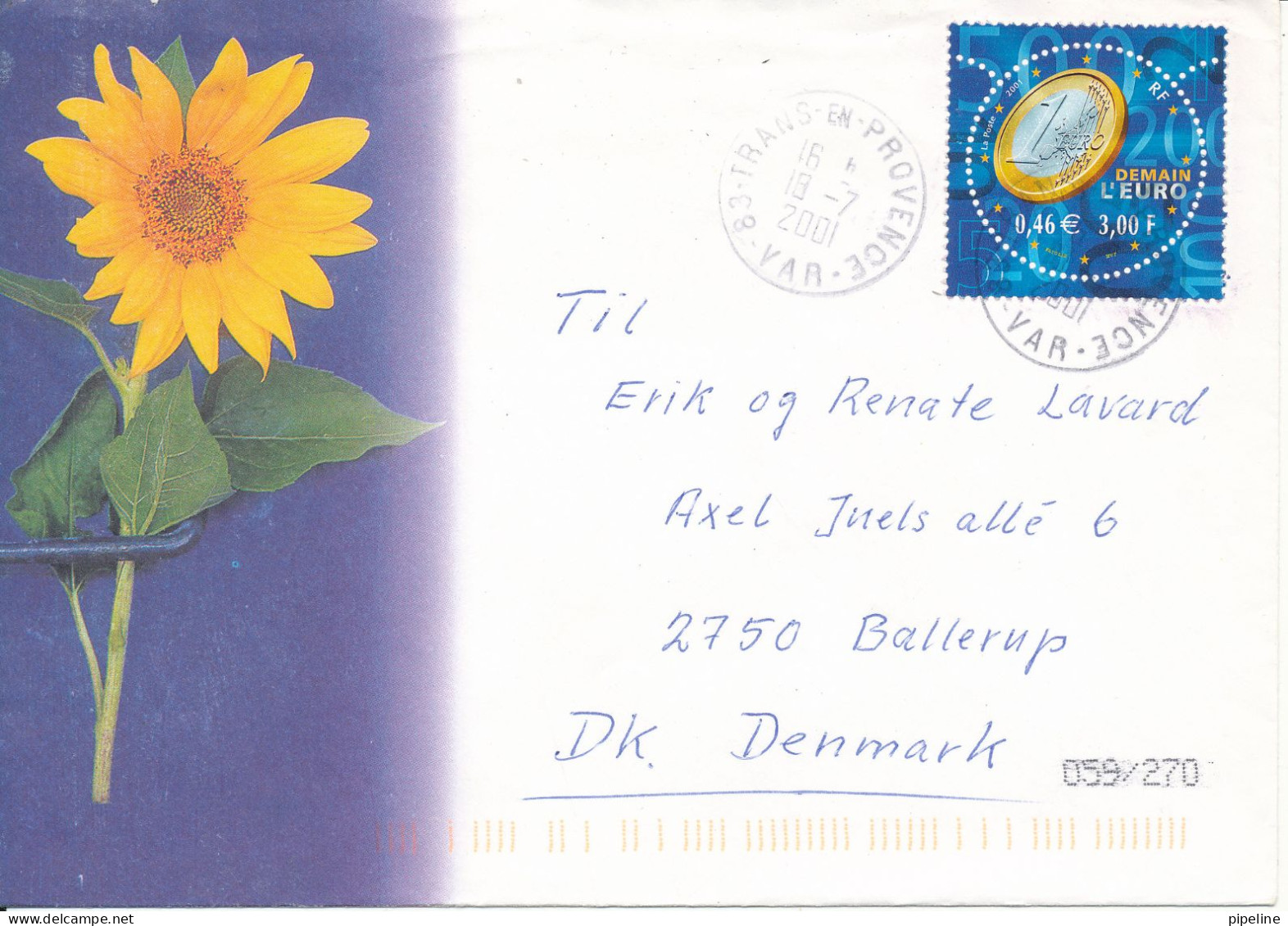 France Cover Sent To Denmark 18-7-2001 With Cachet And Single Franked - Lettres & Documents