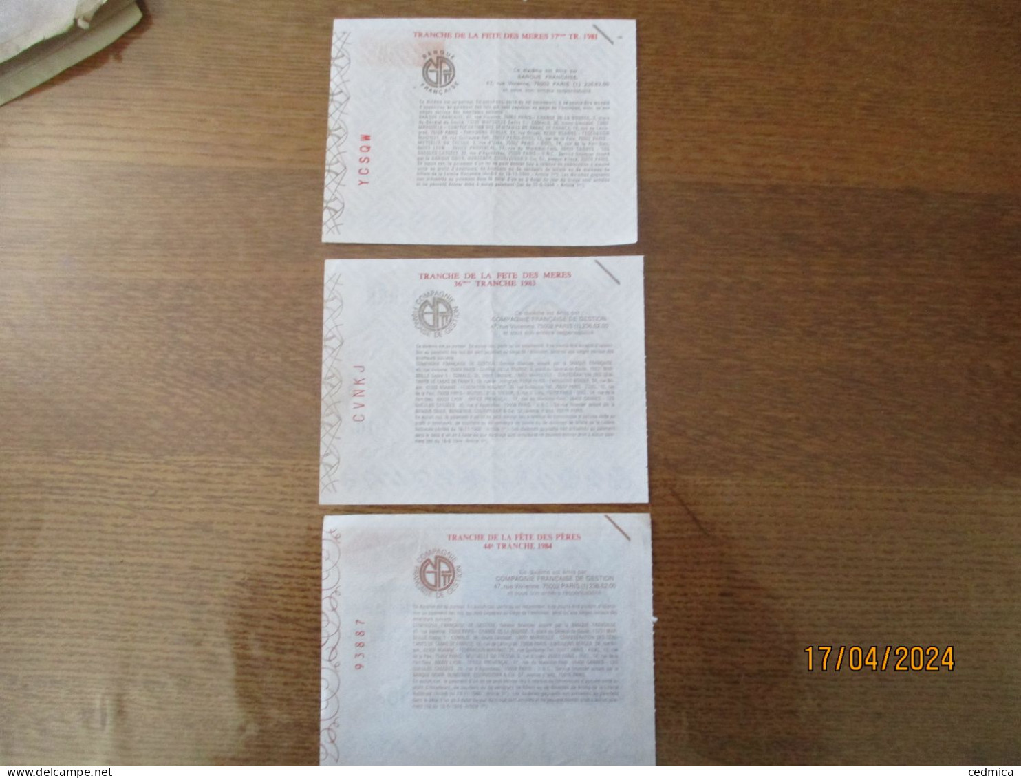 3 BILLETS DE LOTERIE TRANCHE DE LA FÊTE DES MERES 3JUIN 1981 ET 1er JUIN 1983,TRANCHE DE LA FÊTE DES PERES 20 JUIN 1984 - Billetes De Lotería