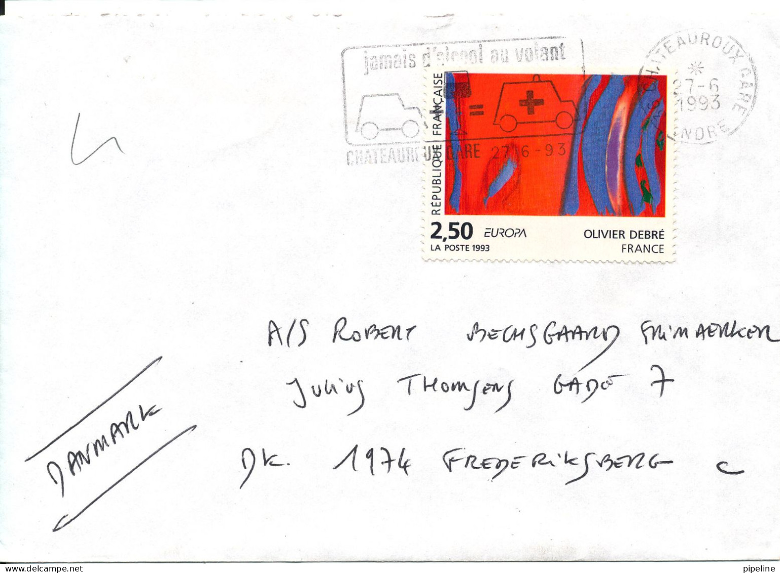 France Cover Sent To Denmark  27-6-1993 Single Franked Europa CEPT 1993 - Cartas & Documentos