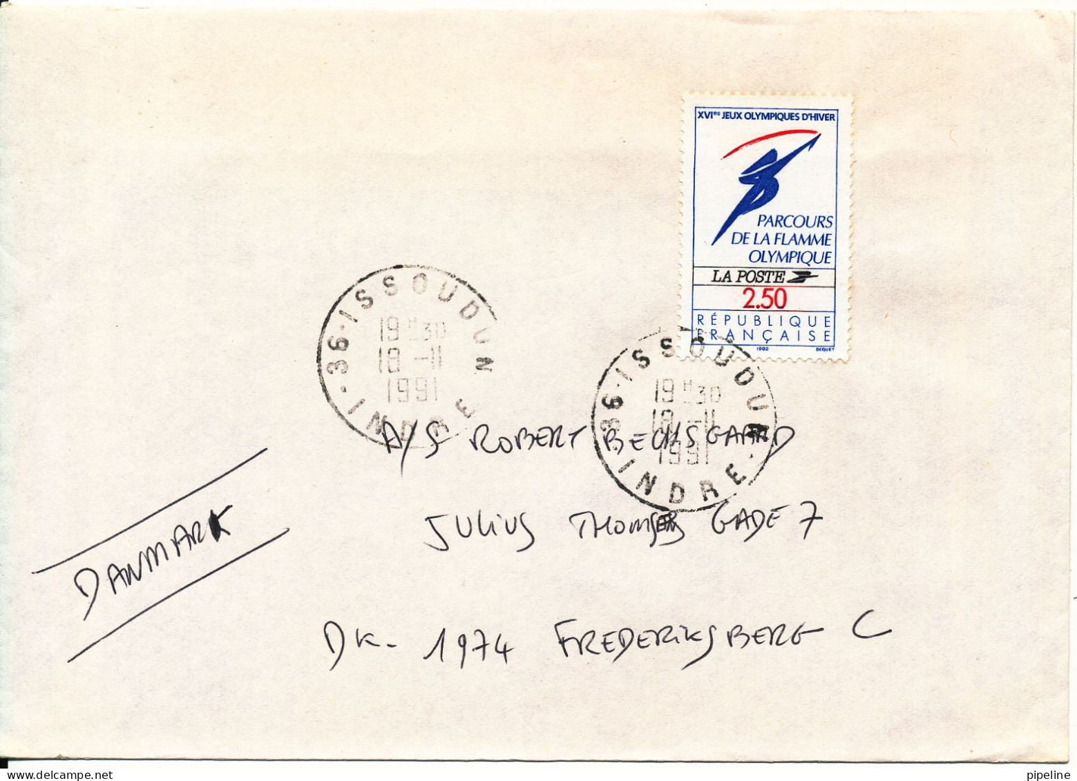 France Cover Sent To Denmark 18-11-1991 Single Franked - Briefe U. Dokumente