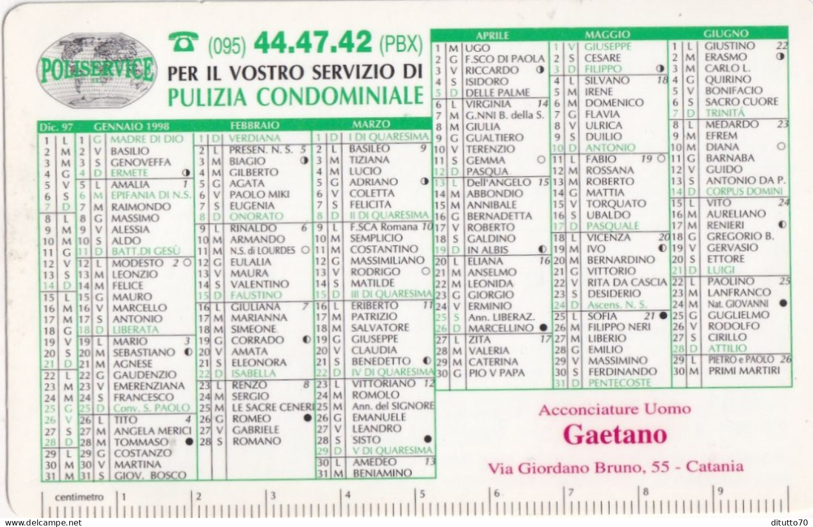 Calendarietto - Puliservice - Acconciature Uomo - Gaetano - Catania - Anno 1998 - Tamaño Pequeño : 1991-00