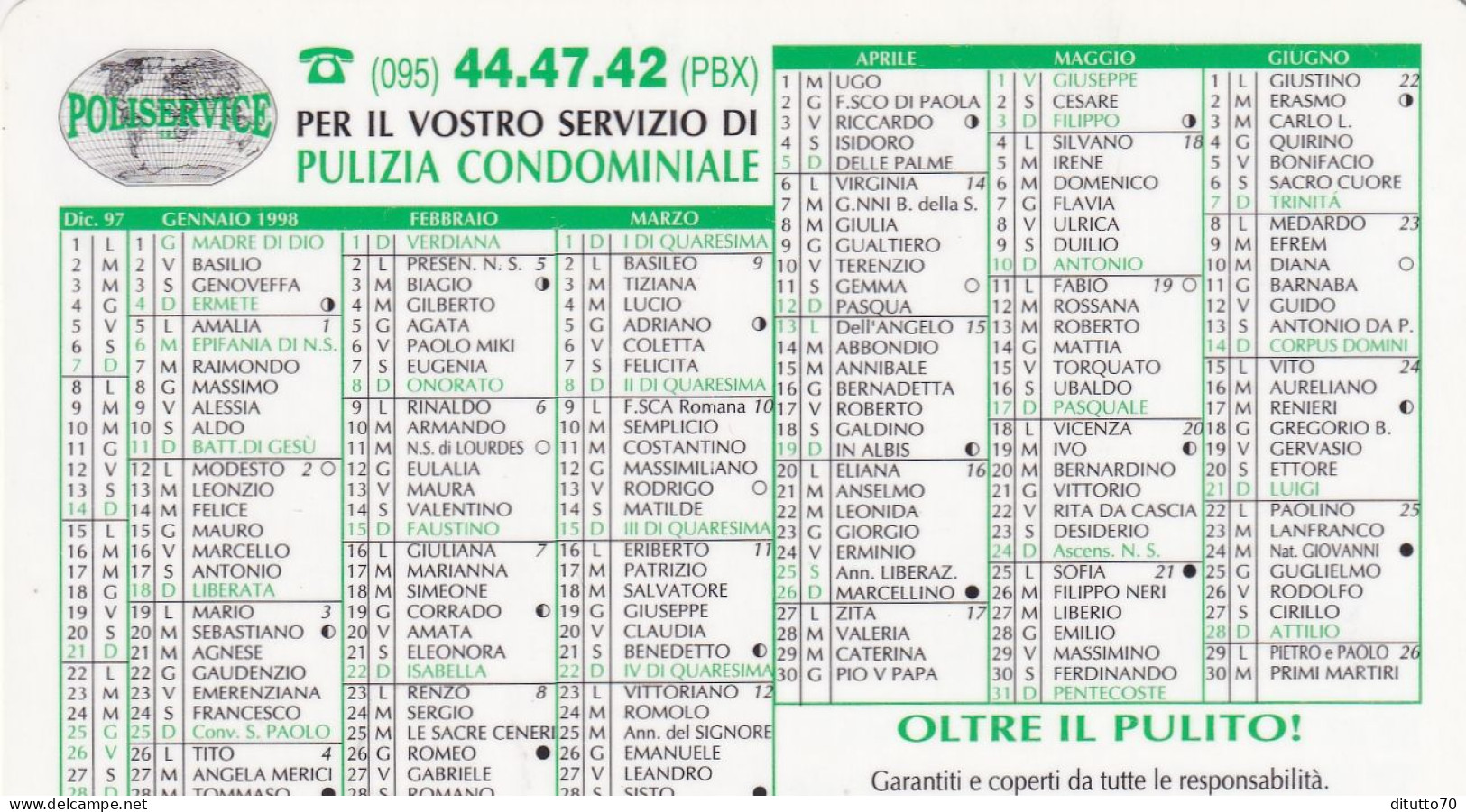 Calendarietto - Puliservice - Anno 1998 - Tamaño Pequeño : 1991-00