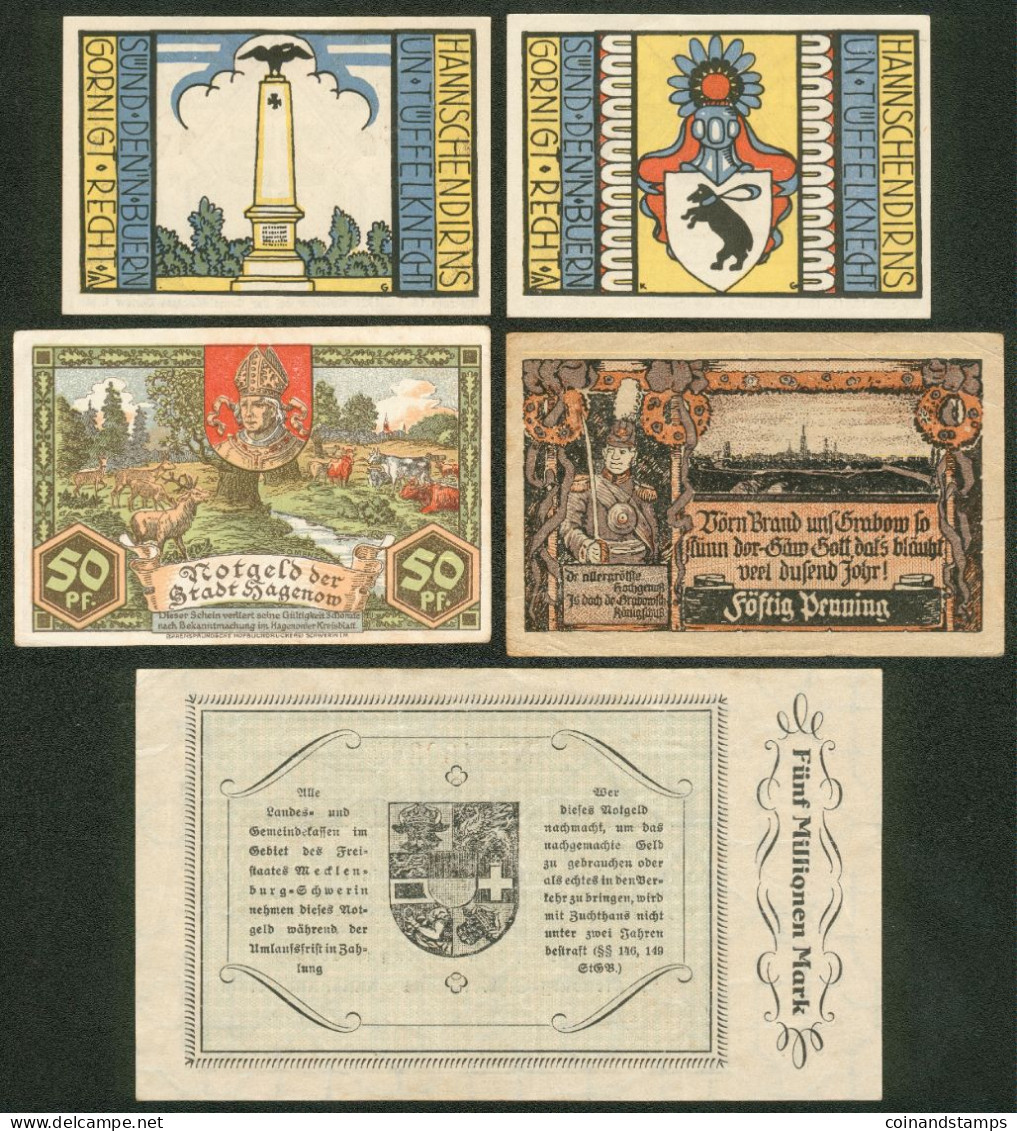 Mecklenburg-Schwerinsches Staatsminsterium 5 Millionen Mark 22. Aug. 1923 + Hagenow,2x Carlow Notgeldscheine Dazu - Zwischenscheine - Schatzanweisungen