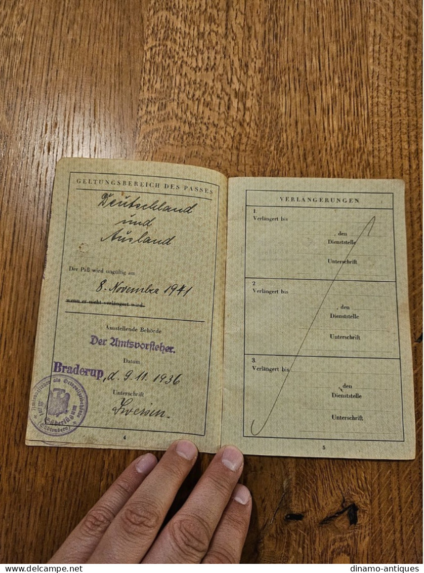 1936 Germany Passport Passeport Reisepass Issued In Braderup For A Family To Travel To Denmark - Historische Dokumente