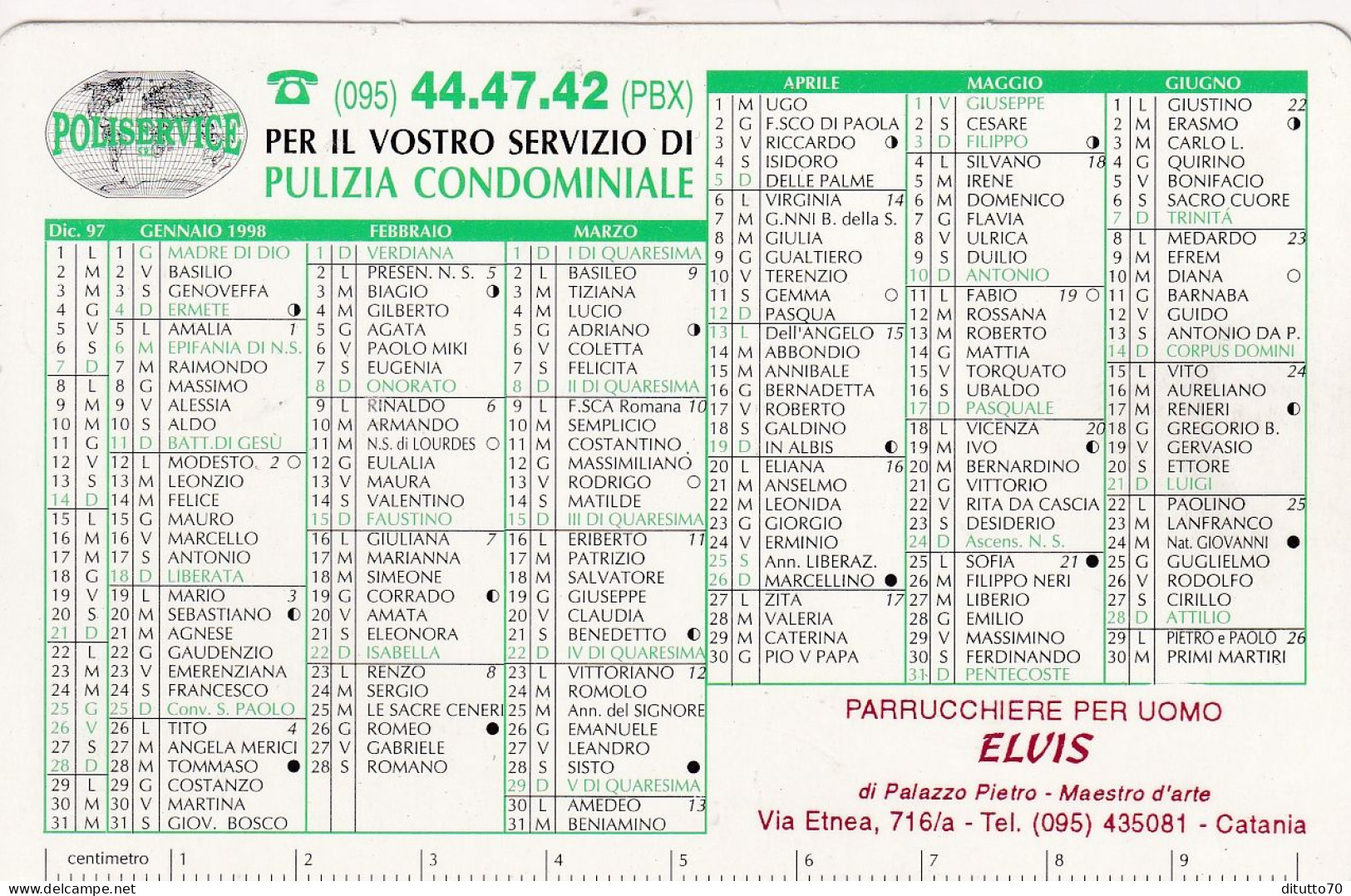 Calendarietto - Puliservice - Parrucchiere Per Uomo - Elvis - Catania - Anno 1998 - Kleinformat : 1991-00