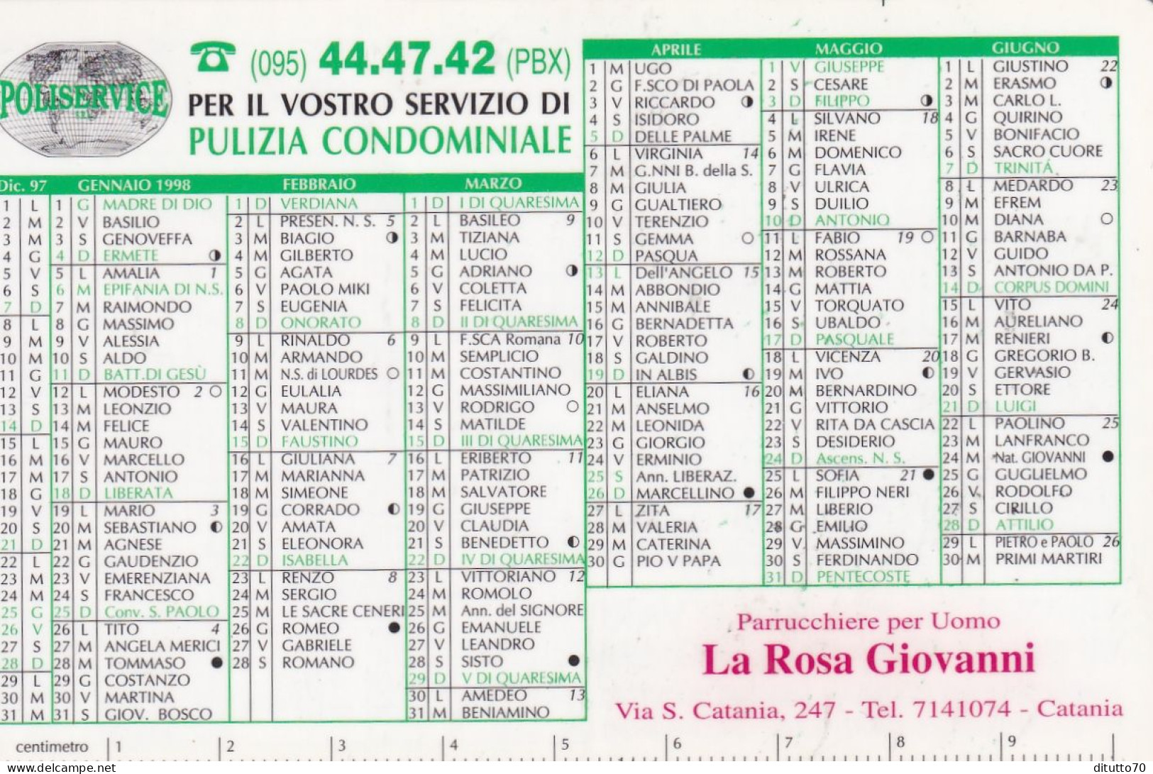 Calendarietto - Puliservice - Parrucchiere Per Uomo - La Rosa Giovanni - Catania - Anno 1998 - Tamaño Pequeño : 1991-00