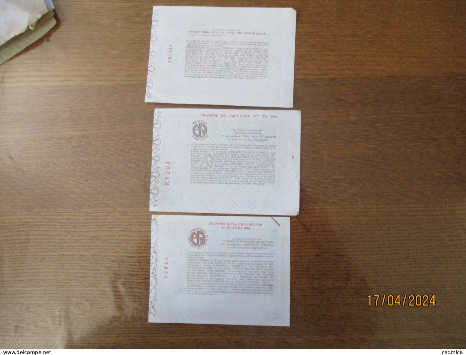 3 BILLETS DE LOTERIE TRANCHE DE L'ARLEQUIN OCTOBRE 1980,DU JARDINAGE 1er AVRIL 1981,DE LA CHANDELEUR 1er FEVRIER 1984 - Lottery Tickets