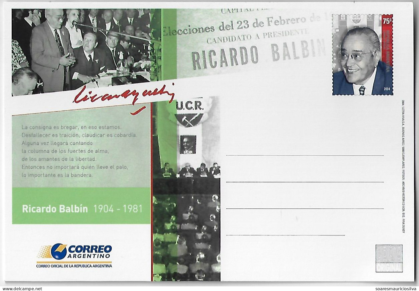 Argentina 2004 Postal Stationery Card National Deputy Ricardo Balbin From UCR Radical Civic Union Election Unused - Postal Stationery