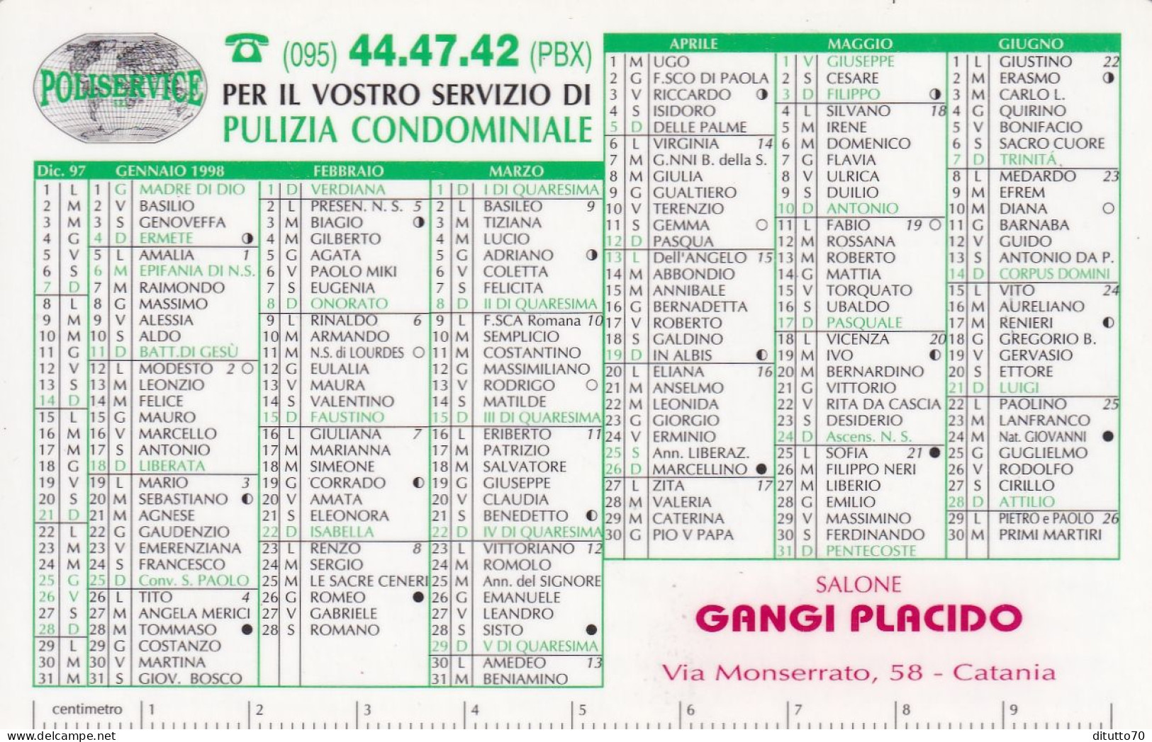 Calendarietto - Puliservice - Salone - Gangi Placido - Catania - Anno 1998 - Tamaño Pequeño : 1991-00