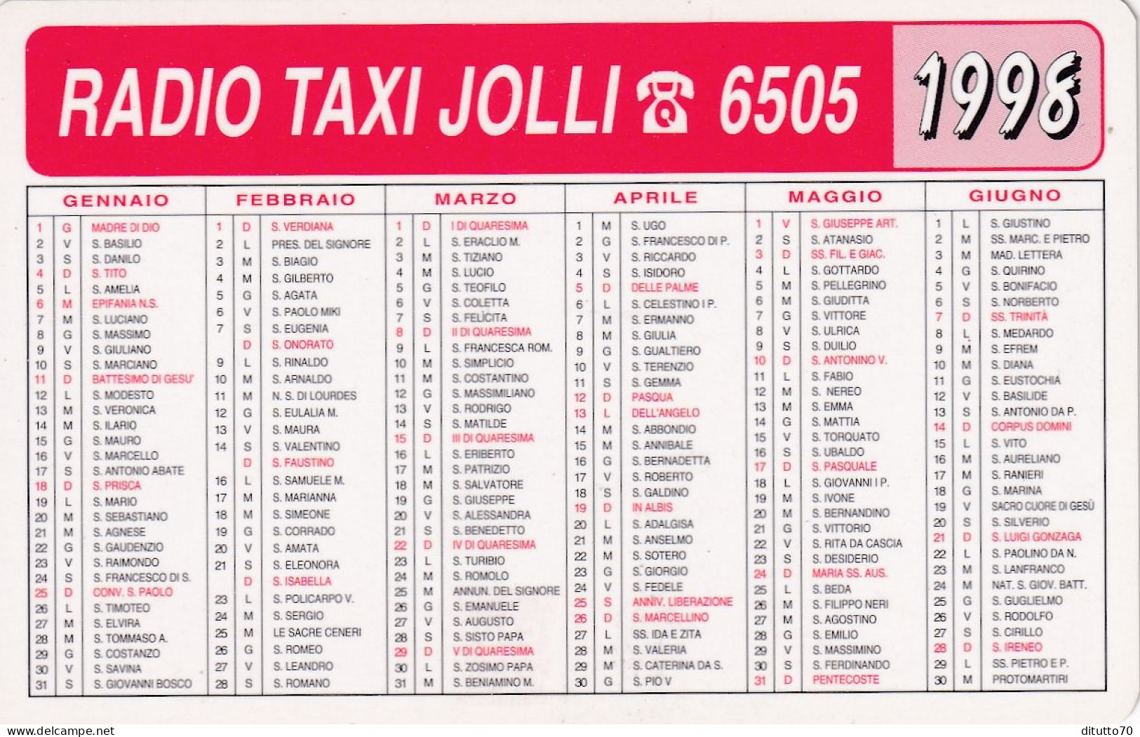 Calendarietto - Radio Tax Jolli - Anno 1998 - Formato Piccolo : 1991-00