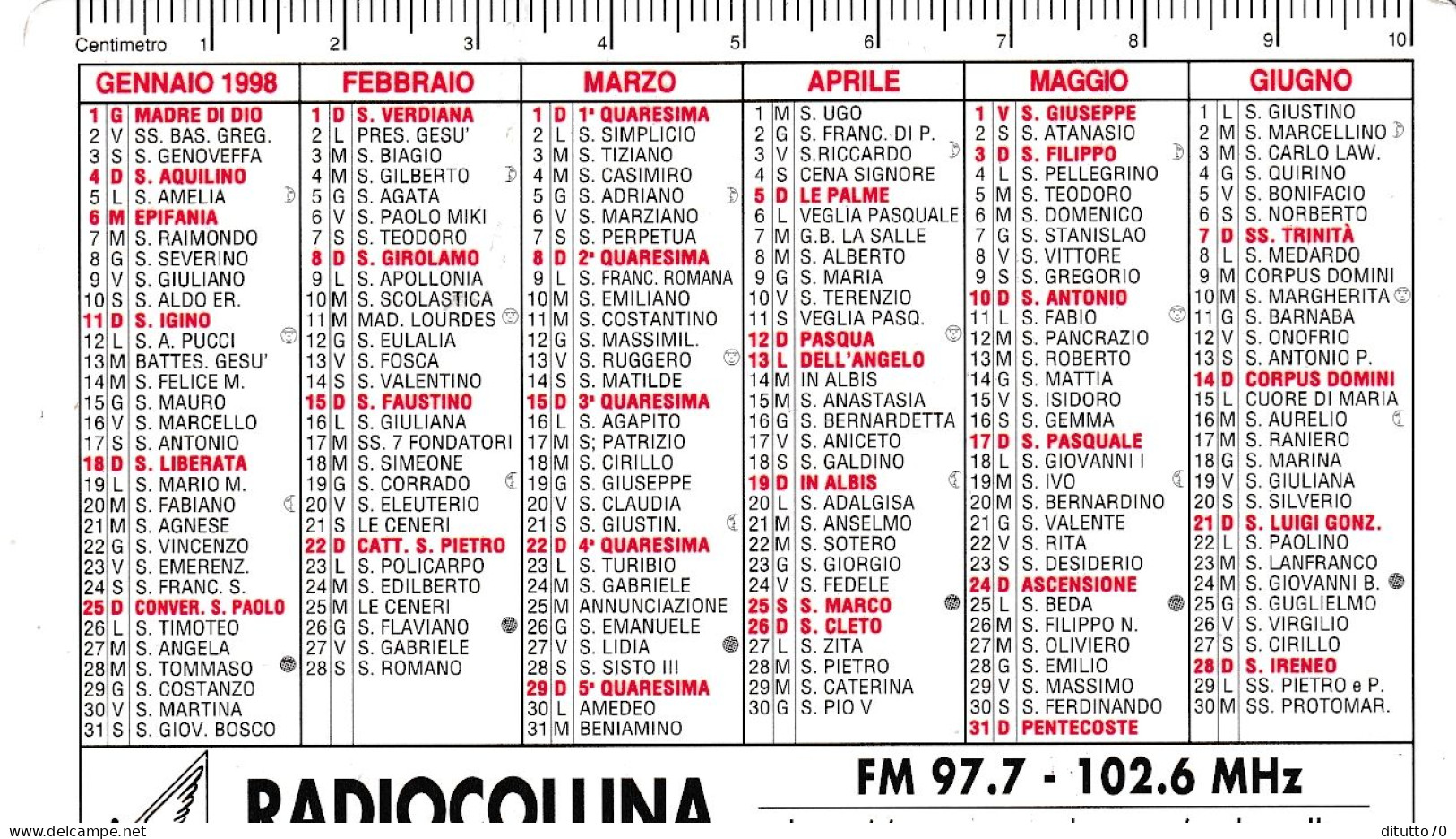 Calendarietto - Radiocollina - Anno 1998 - Petit Format : 1991-00