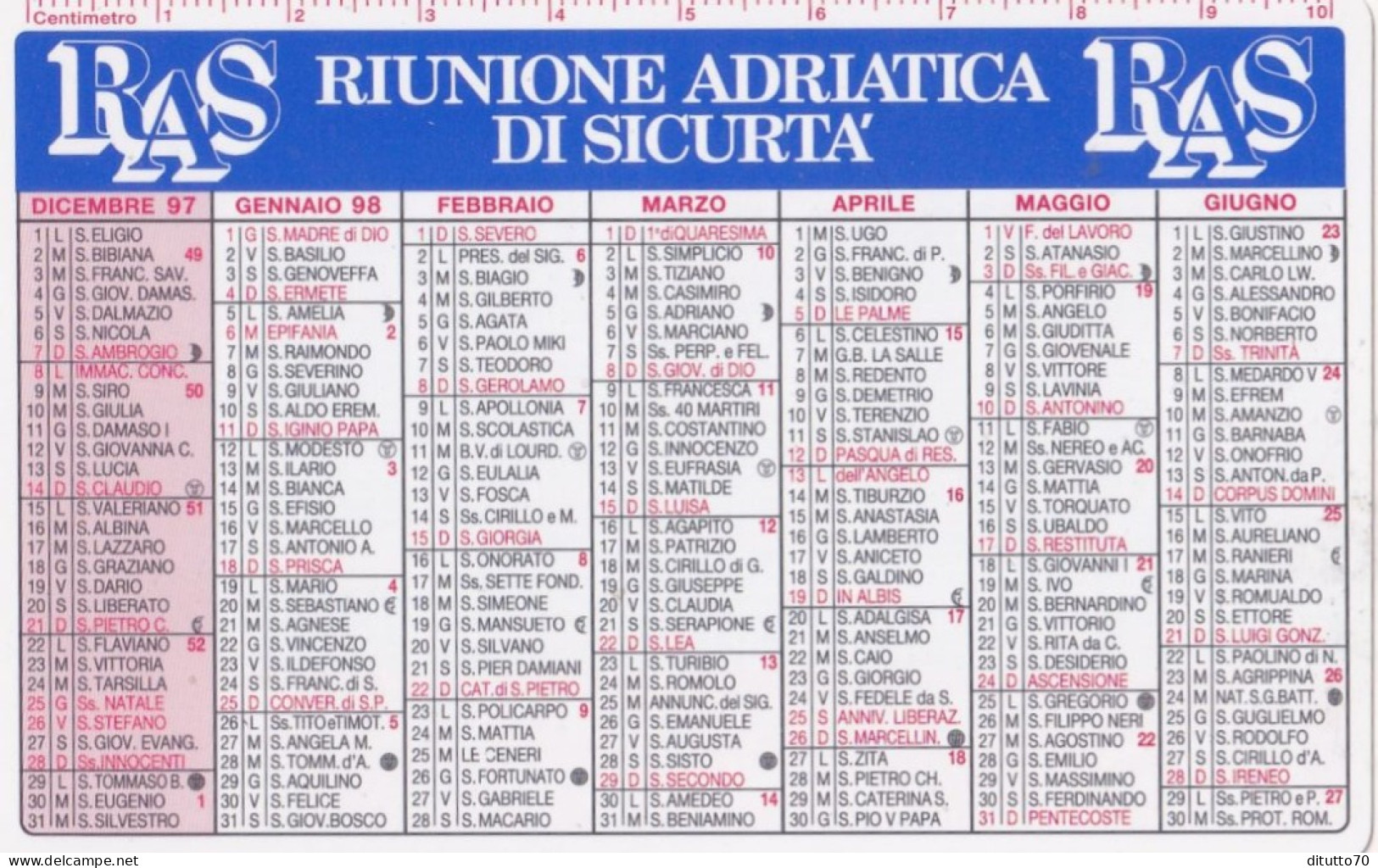 Calendarietto - RAS - Riunione Adriatica Di Sicurtà - Anno 1998 - Tamaño Pequeño : 1991-00