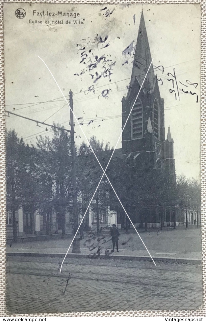 FAYT-lez-MANAGE église Et Hôtel De Ville CP Postée En 1921 édit Debelle-Lecomte - La Louvière