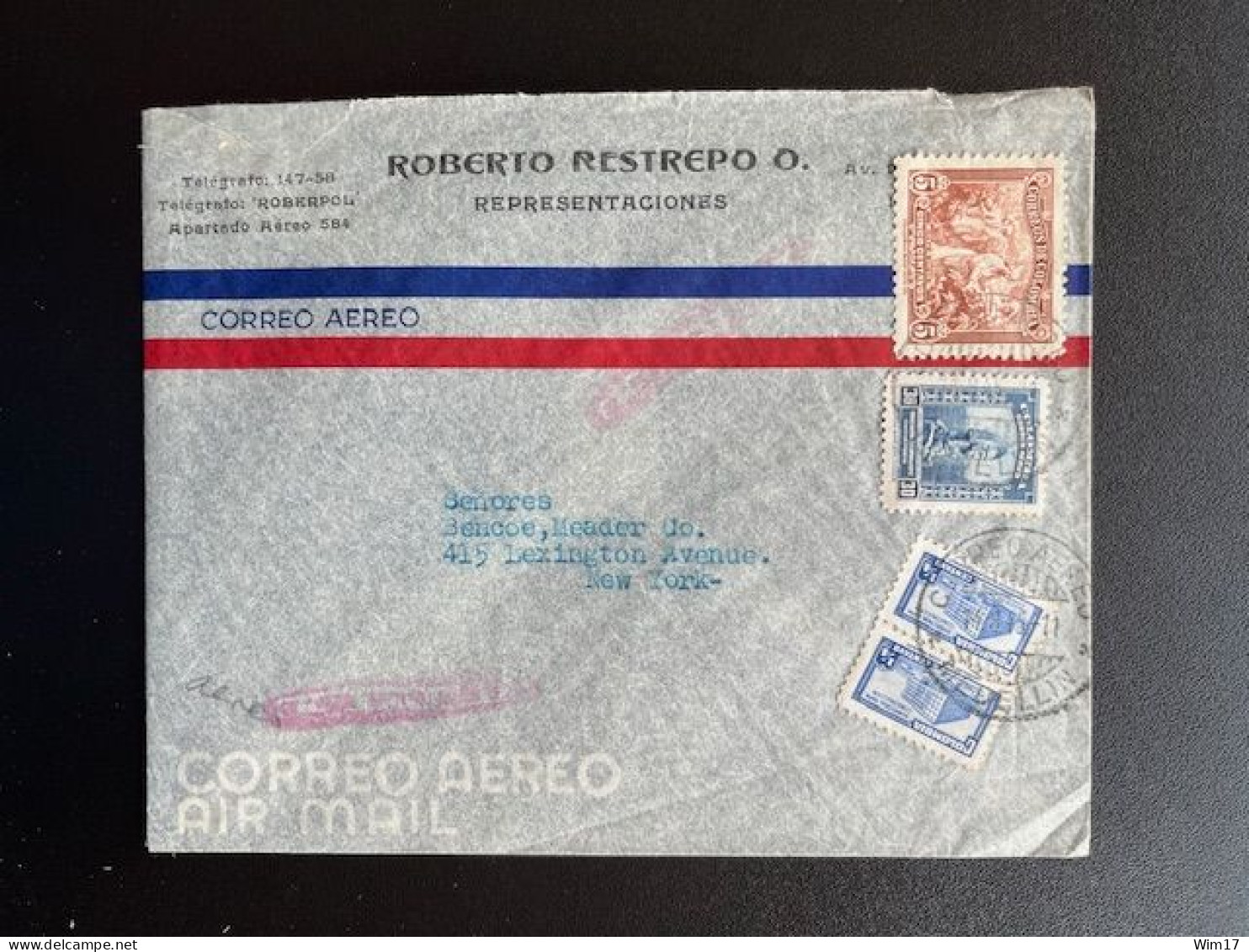 COLOMBIA 1945 AIR MAIL LETTER MEDELLIN TO NEW YORK 14-08-1945 - Kolumbien