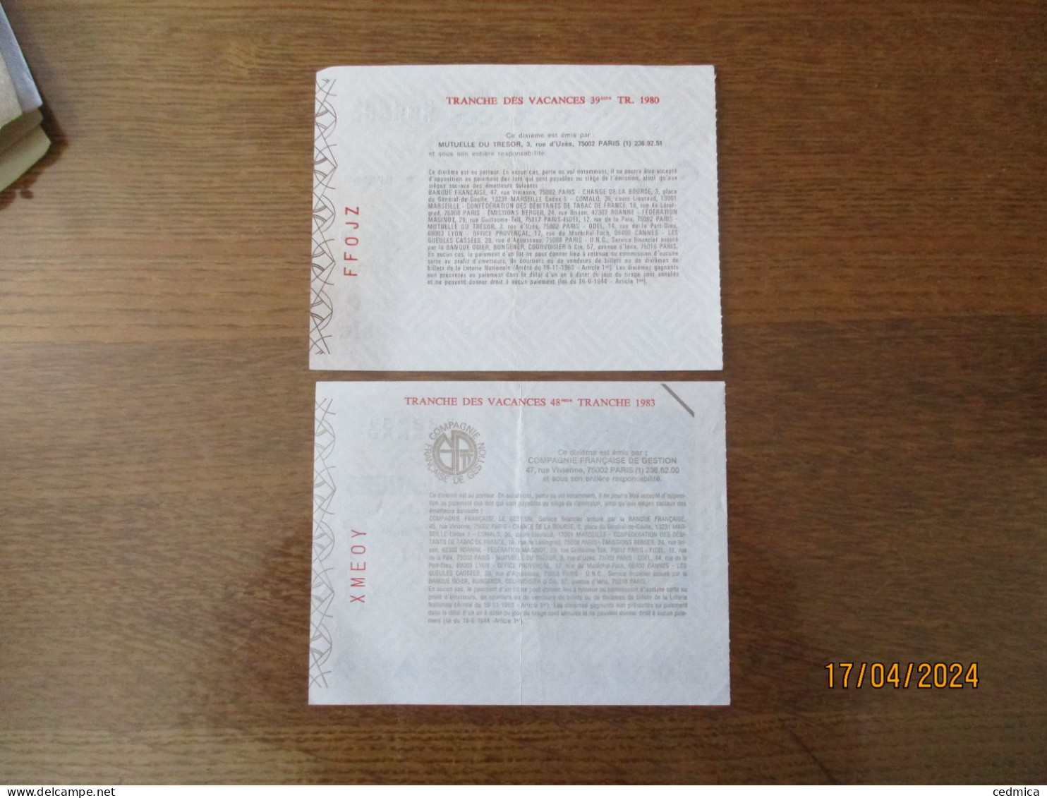 2 BILLETS DE LOTERIE TRANCHE DES VACANCES 1980 ET 27 JUILLET 1983 - Billets De Loterie