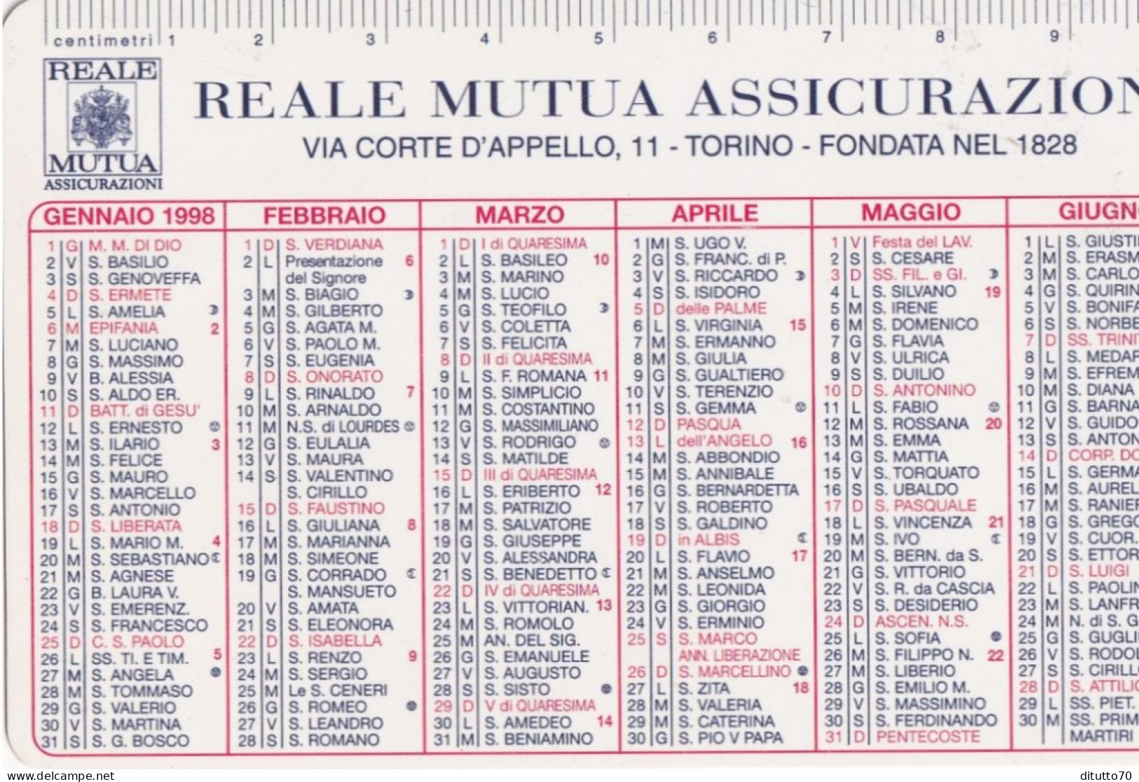 Calendarietto - Reale Mutua Assicurazioni - Torino - Anno 1998 - Klein Formaat: 1991-00