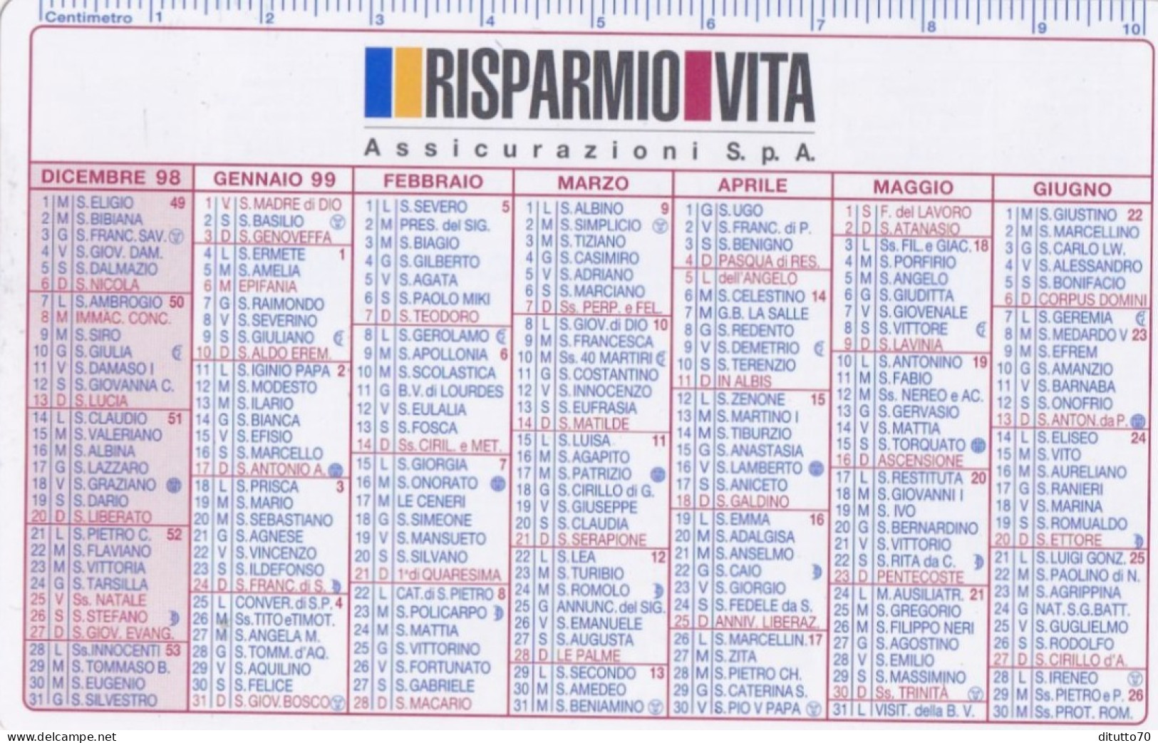 Calendarietto - Risparmio Vita - Assicurazioni - Anno 1998 - Klein Formaat: 1991-00