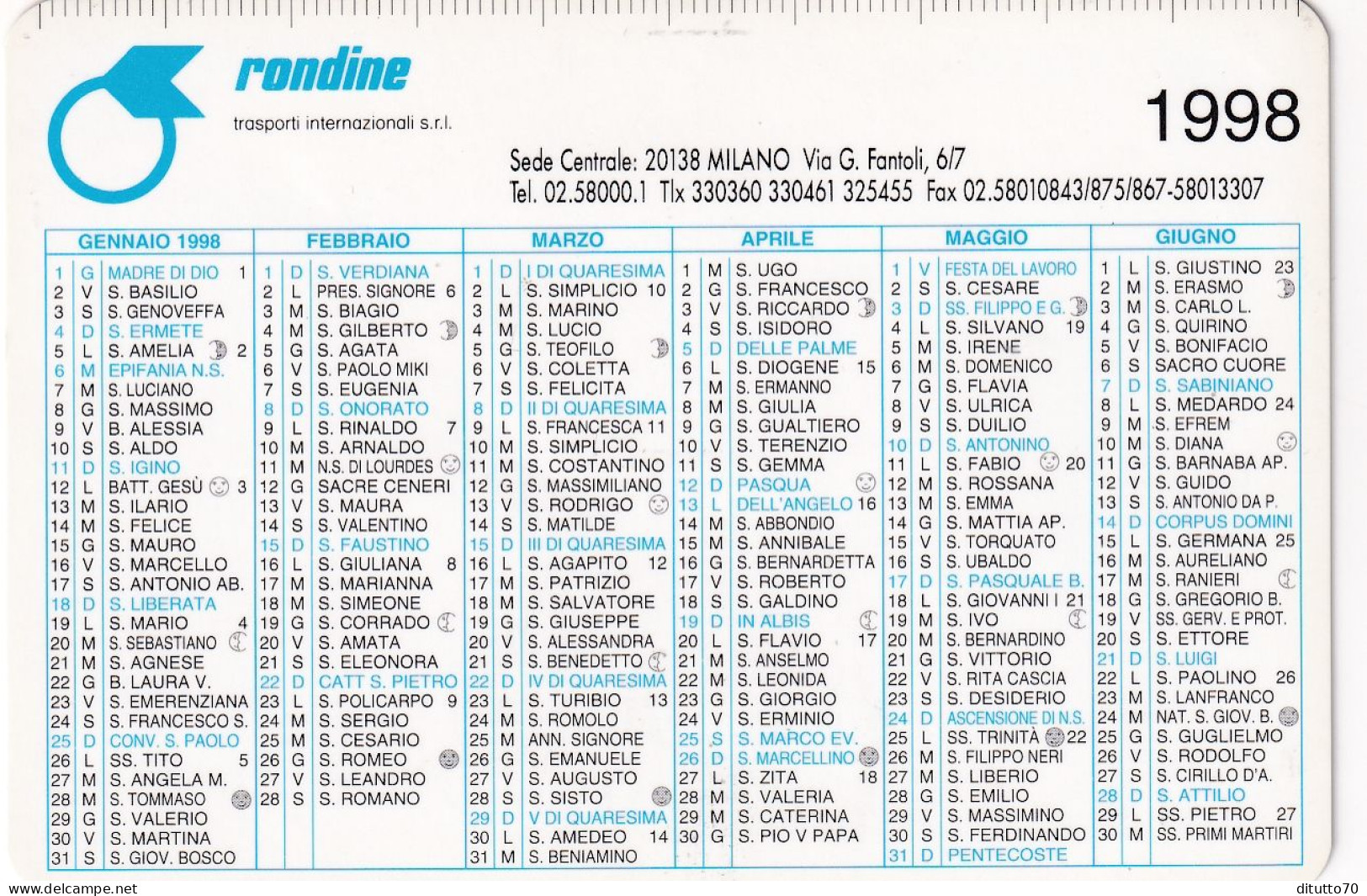 Calendarietto - Rondine - Trasporti Internazionali - Milano - Anno 1998 - Tamaño Pequeño : 1991-00