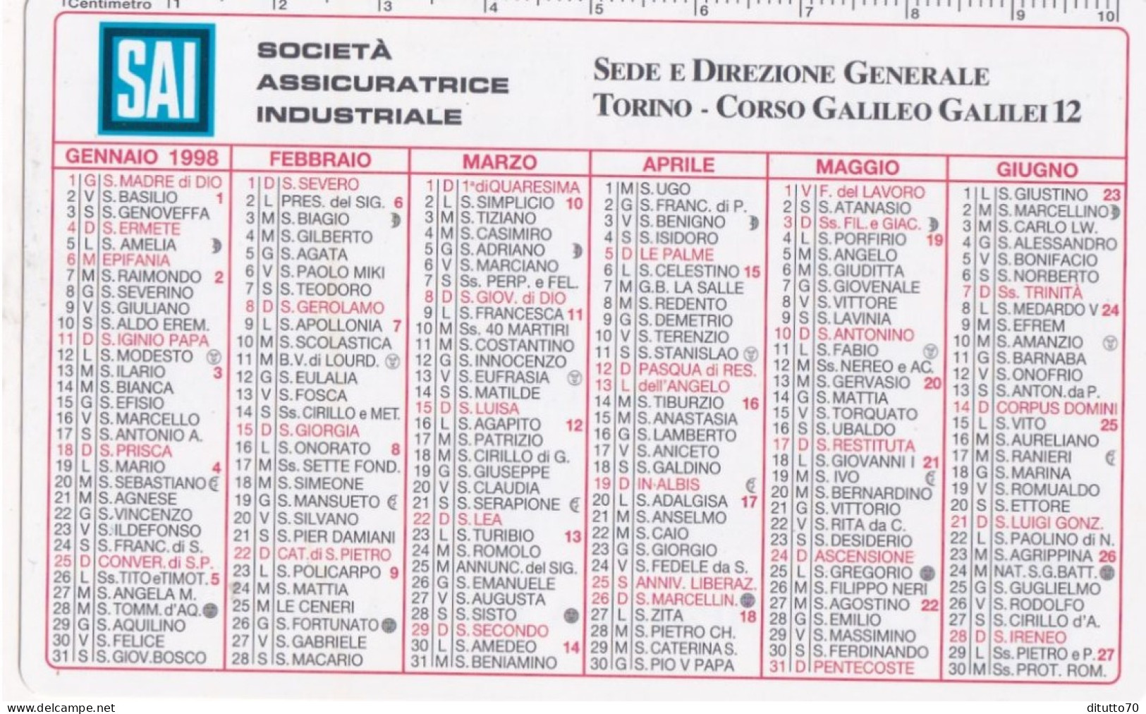 Calendarietto - SAI - Società Assicuratrice Industriale - Torino - Anno 1998 - Tamaño Pequeño : 1991-00