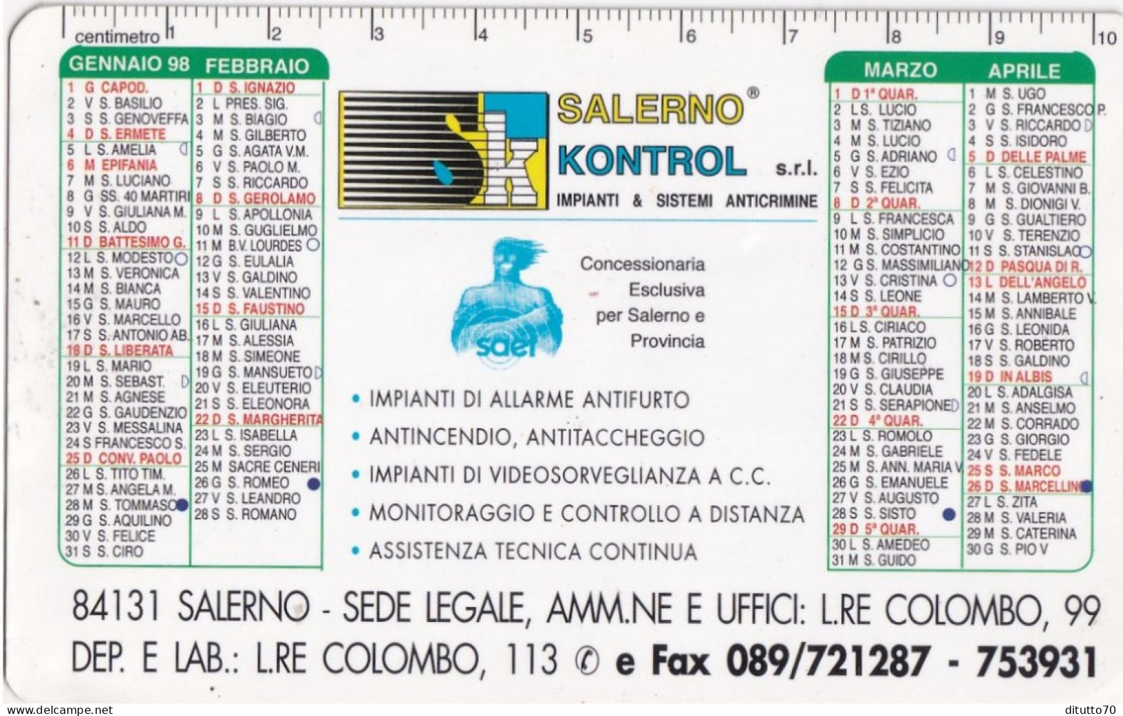 Calendarietto - Salerno Kontrol - Salerno - Anno 1998 - Formato Piccolo : 1991-00