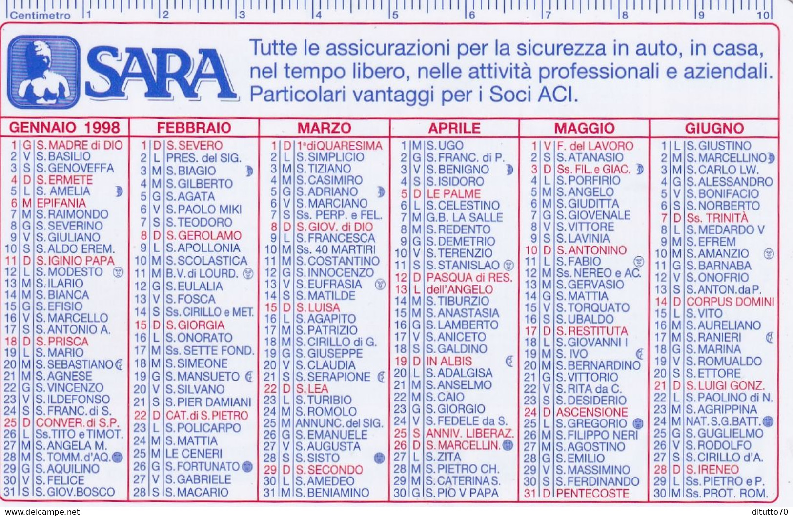 Calendarietto - SARA - Assicurazioni - Anno 1998 - Small : 1991-00