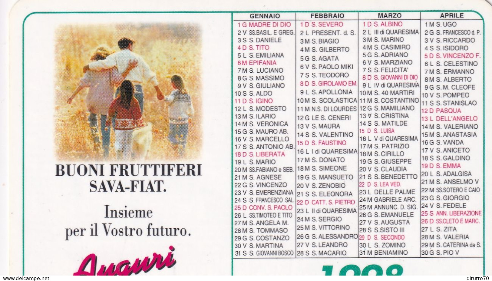 Calendarietto - SAVA - FIAT - Buoni Fruttifer - Anno 1998 - Petit Format : 1991-00