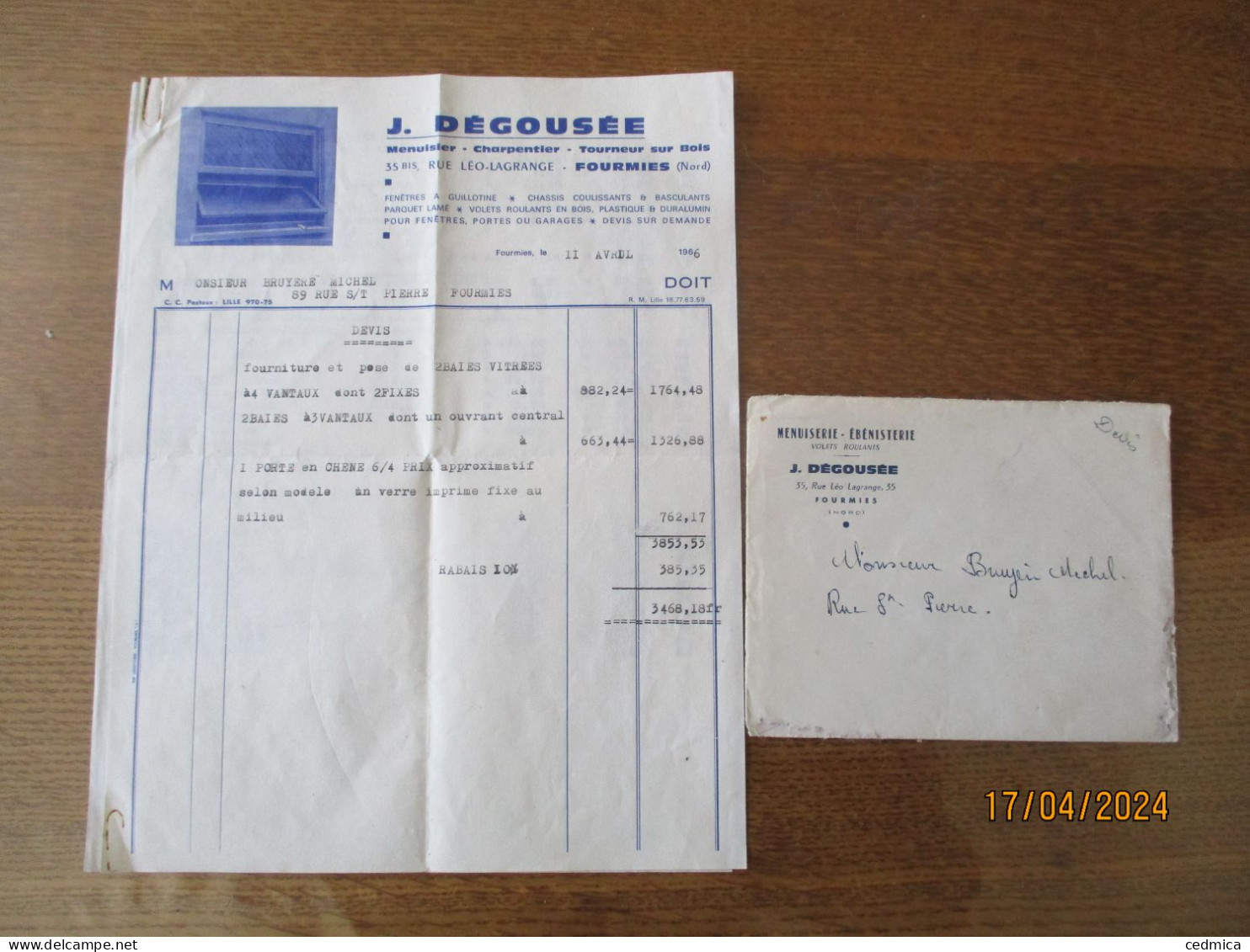 FOURMIES J. DEGOUSEE MENUISIER-CHARPENTIER 35 BIS RUE LEO-LAGRANGE FACTURE ET ENVELOPPE DU 11 AVRIL 1966 - 1950 - ...