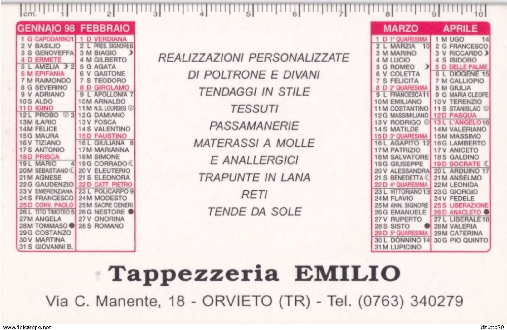 Calendarietto - Tappezzeria Emilio - Orvieto - Anno 1998 - Formato Piccolo : 1991-00