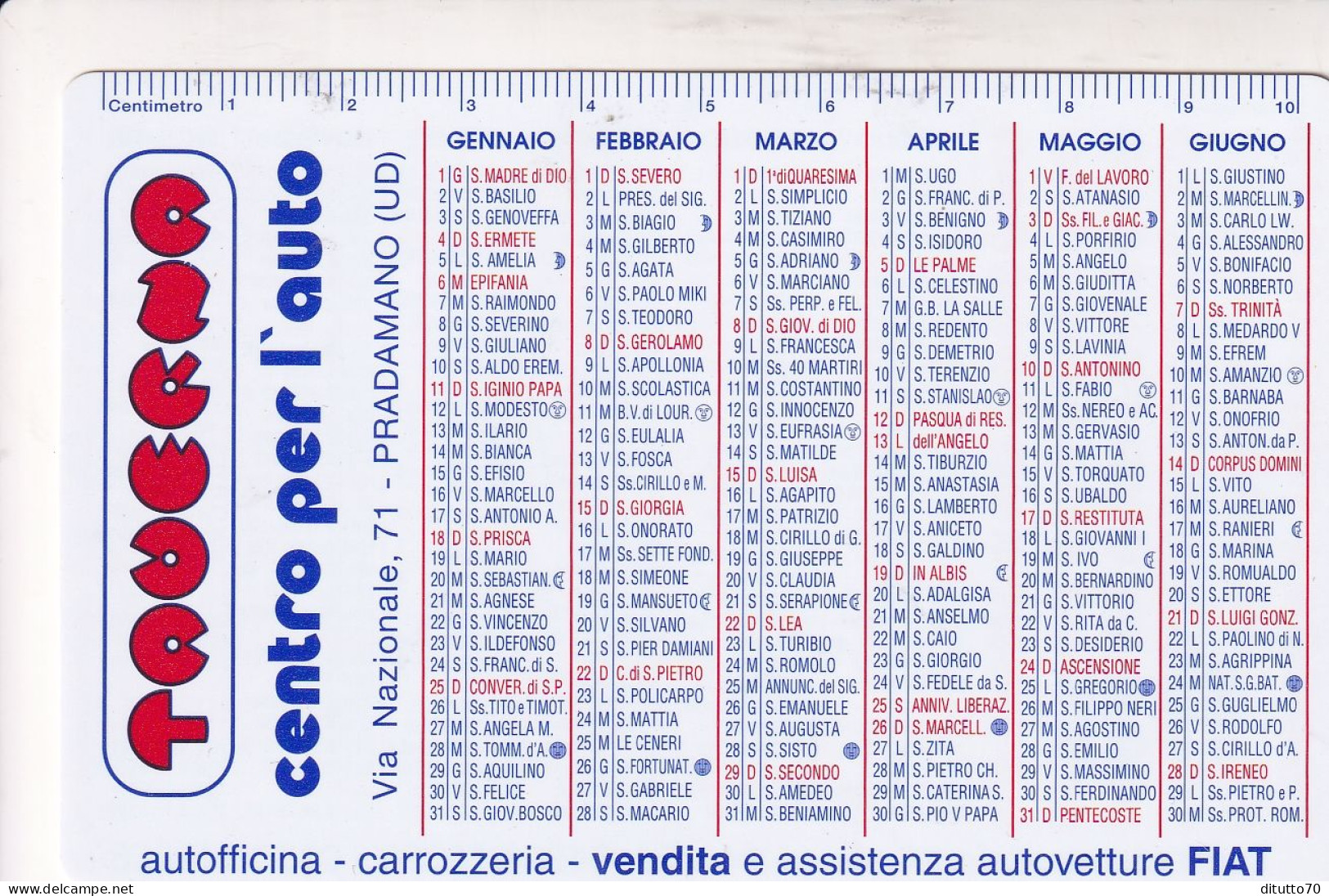 Calendarietto - Taverna - Centro Per L'auto - Pradamano - Udine - Anno 1998 - Petit Format : 1991-00