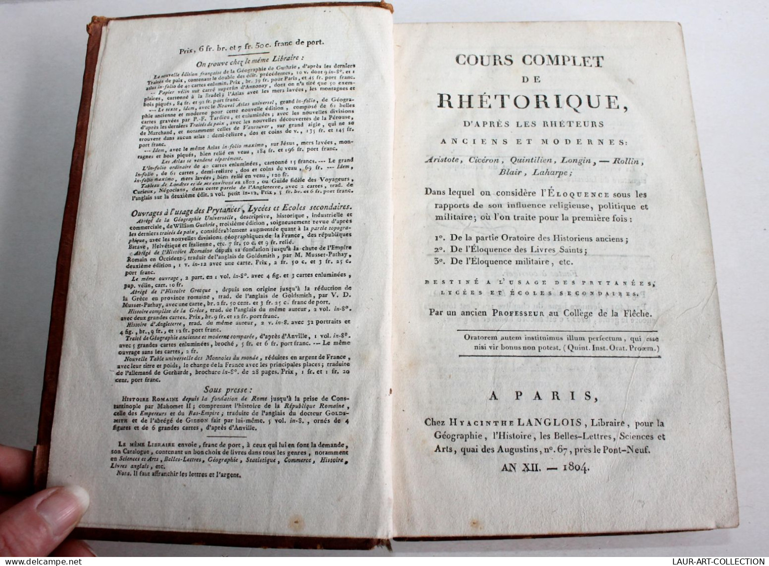 COURS COMPLET DE RHETORIQUE D'APRES LES RHETEURS ARISTOTE CICERON LONGIN... 1804 / ANCIEN LIVRE XIXe SIECLE (1803.157) - 1801-1900