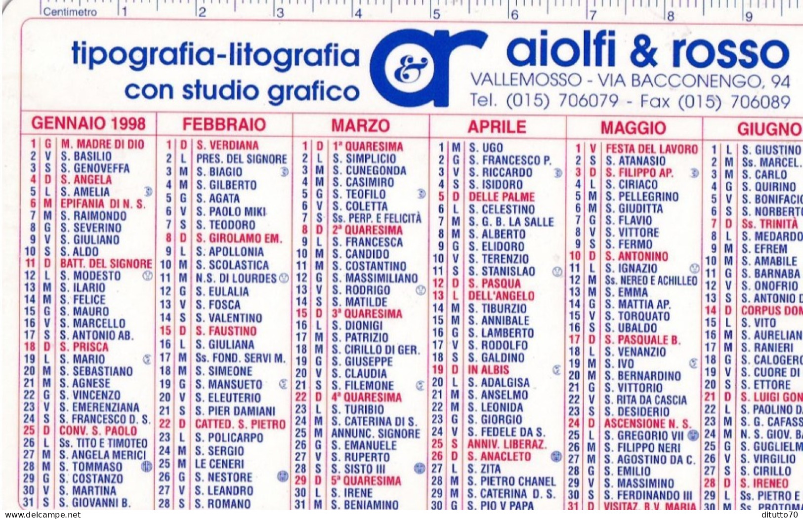 Calendarietto - Tipografia - Aiolfi E Rosso - Vallemosso - Anno 1998 - Tamaño Pequeño : 1991-00