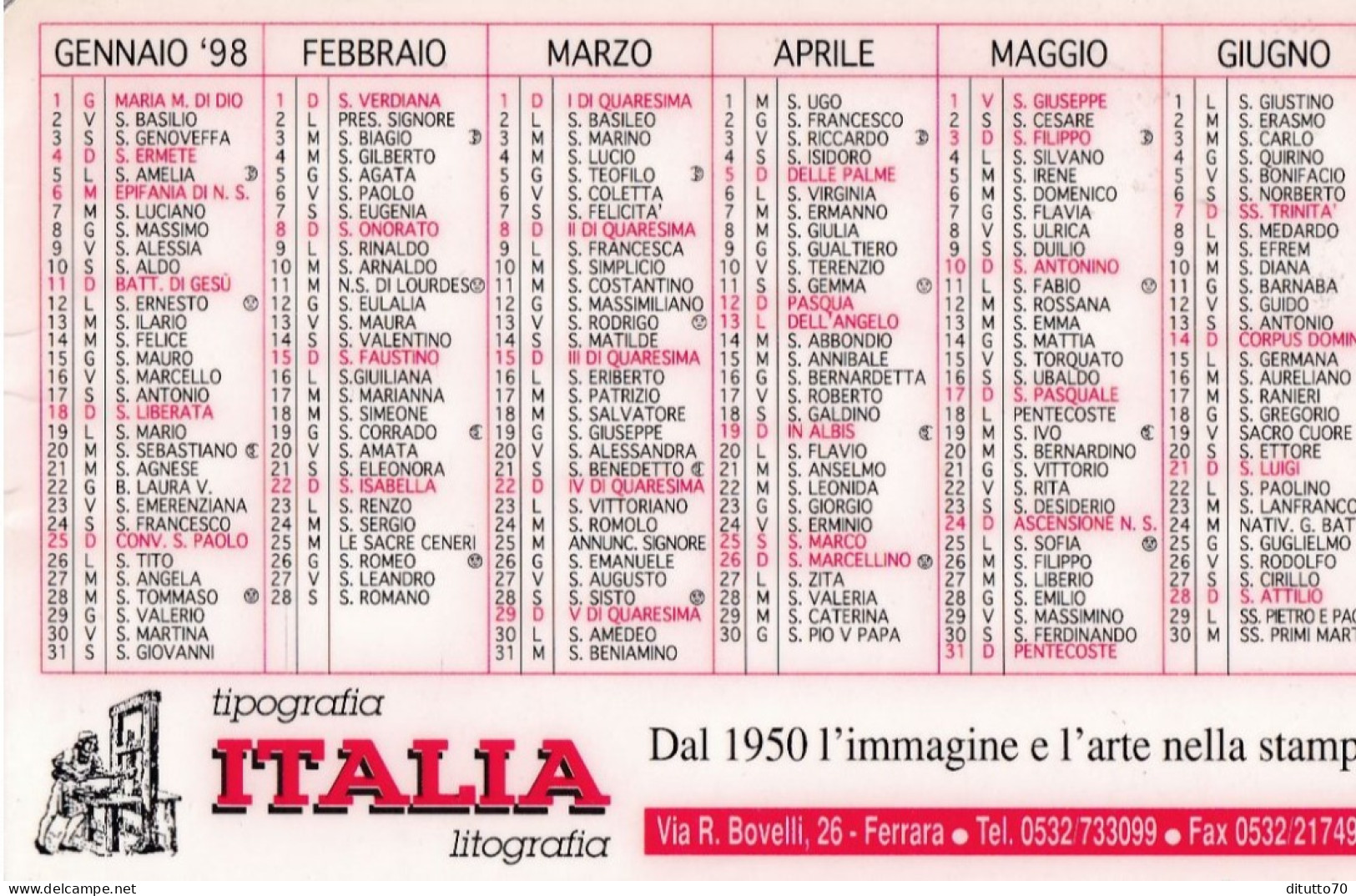 Calendarietto - Tipografia - Italia - Ferrara - Anno 1998 - Formato Piccolo : 1991-00